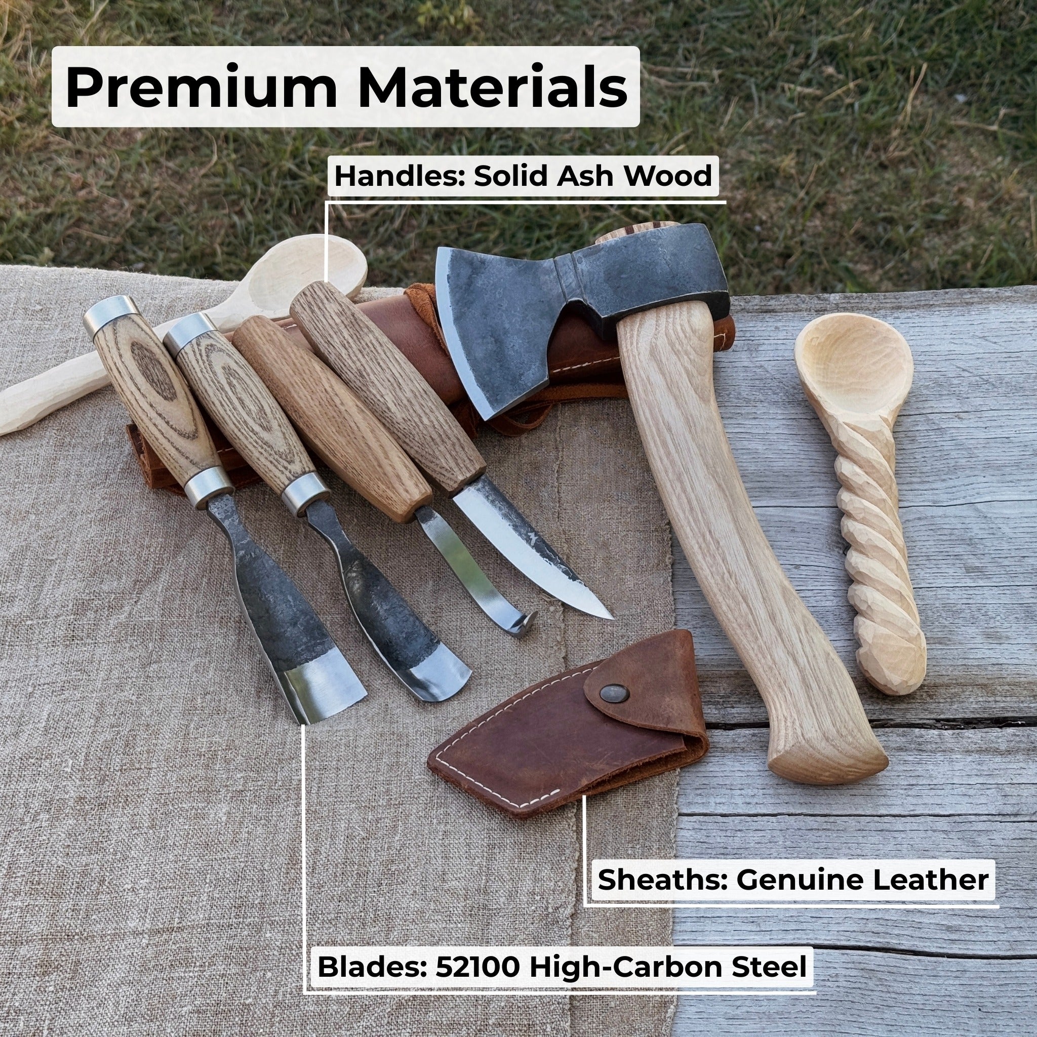 5-piece hand-forged carving tool set with leather tool roll by Sharky Forged Steel Tools