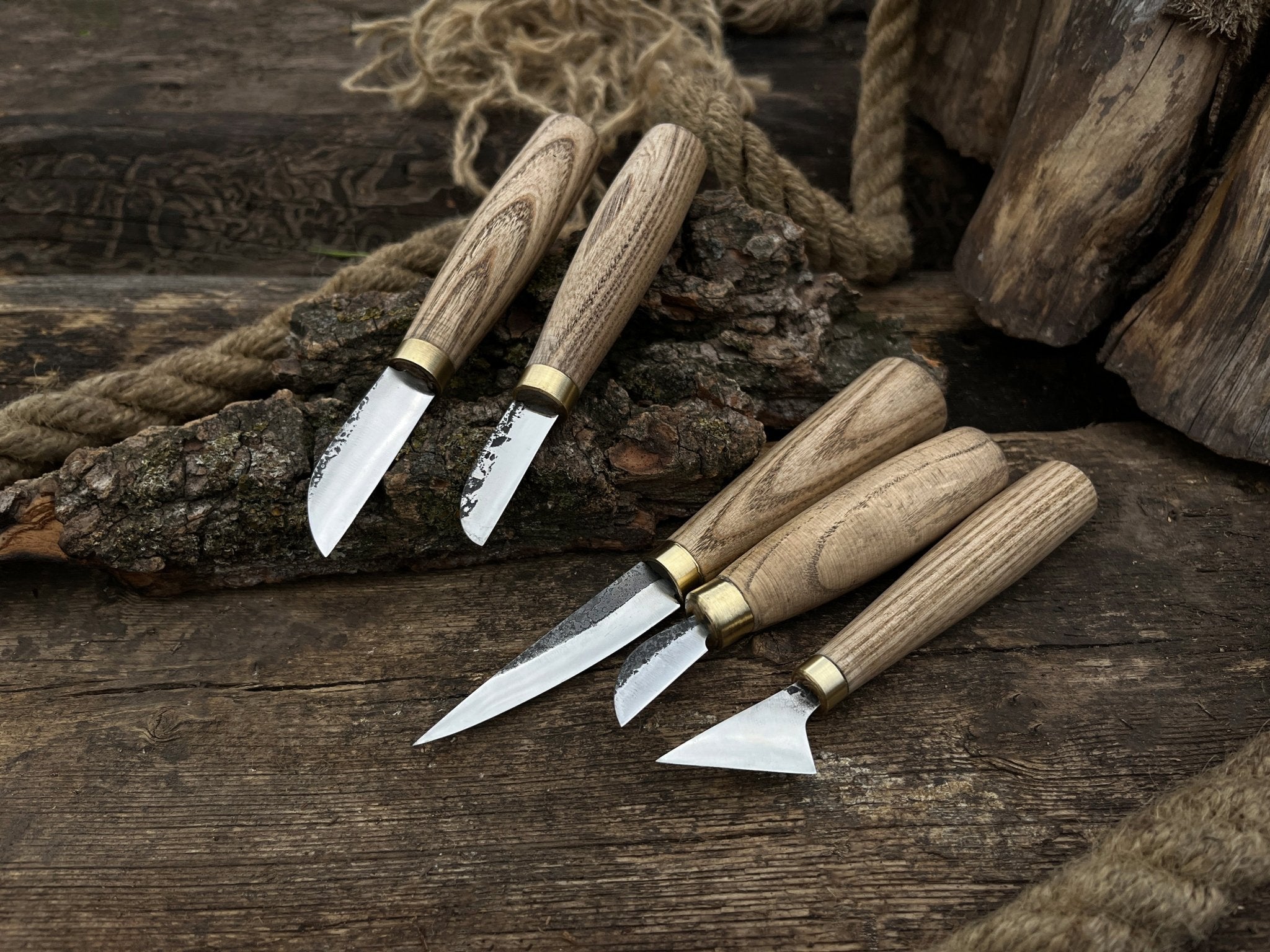 5-piece hand-forged wood carving knife set with ash handles by Sharky Forged Steel Tools