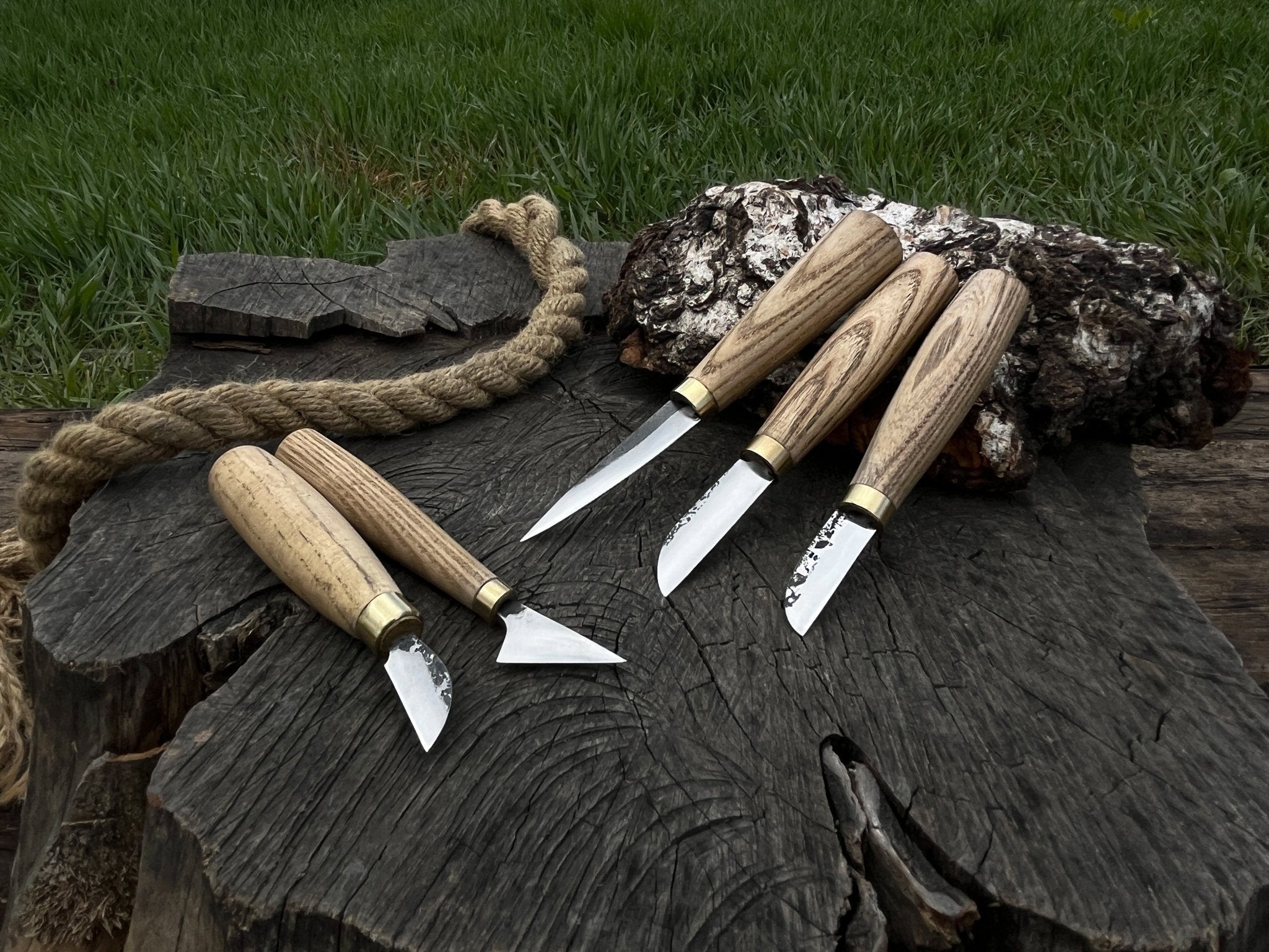 5-piece hand-forged wood carving knife set with ash handles by Sharky Forged Steel Tools