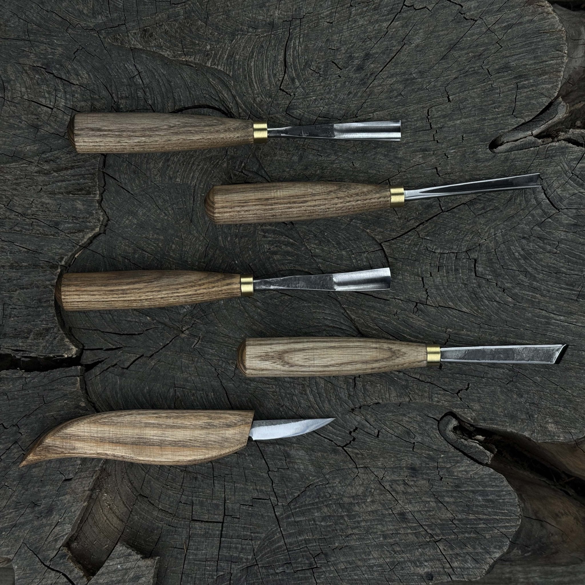5-piece hand-forged wood carving tool set with ash wood handles and high-carbon steel blades