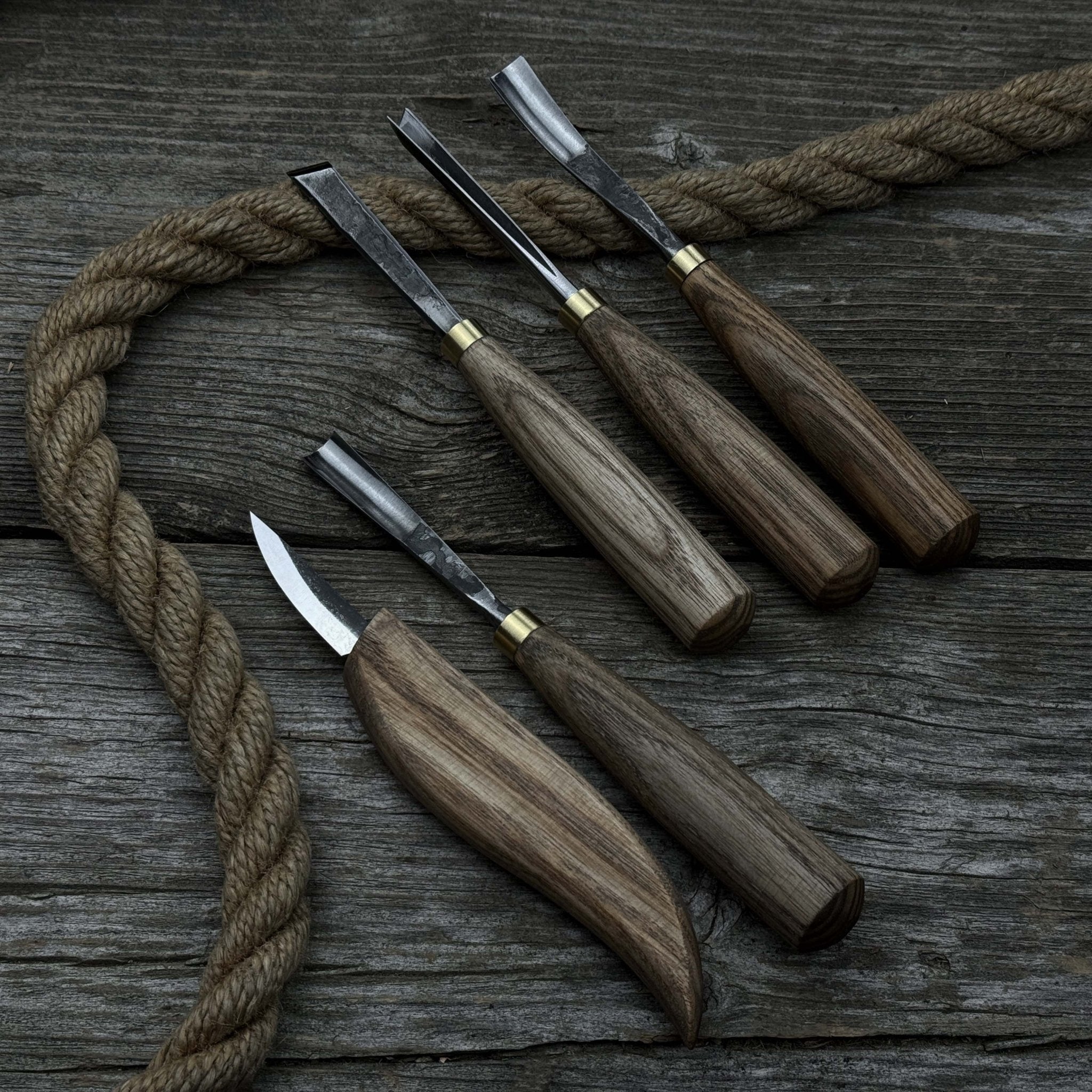 5-piece hand-forged wood carving tool set with ash wood handles and high-carbon steel blades