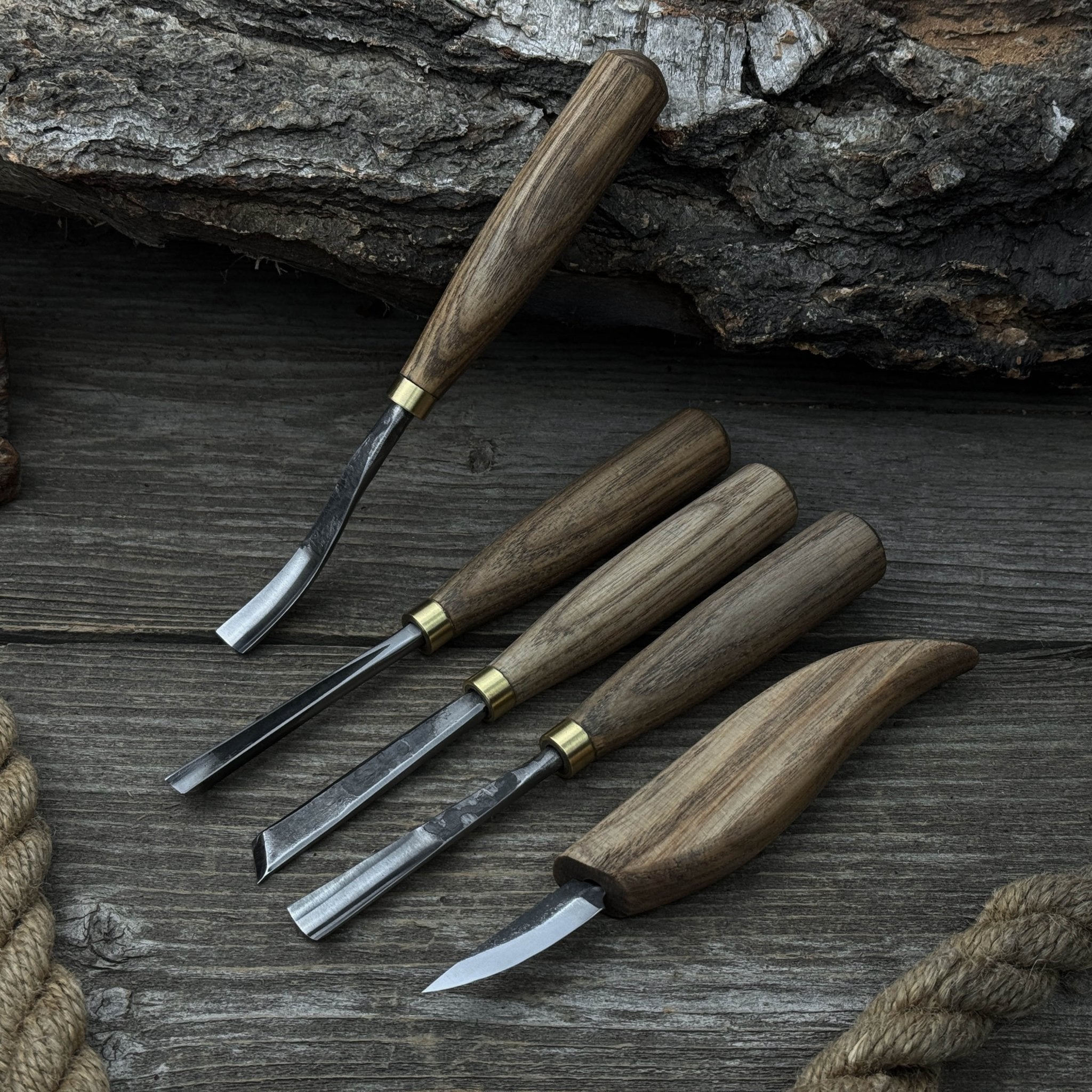 5-piece hand-forged wood carving tool set with ash wood handles and high-carbon steel blades