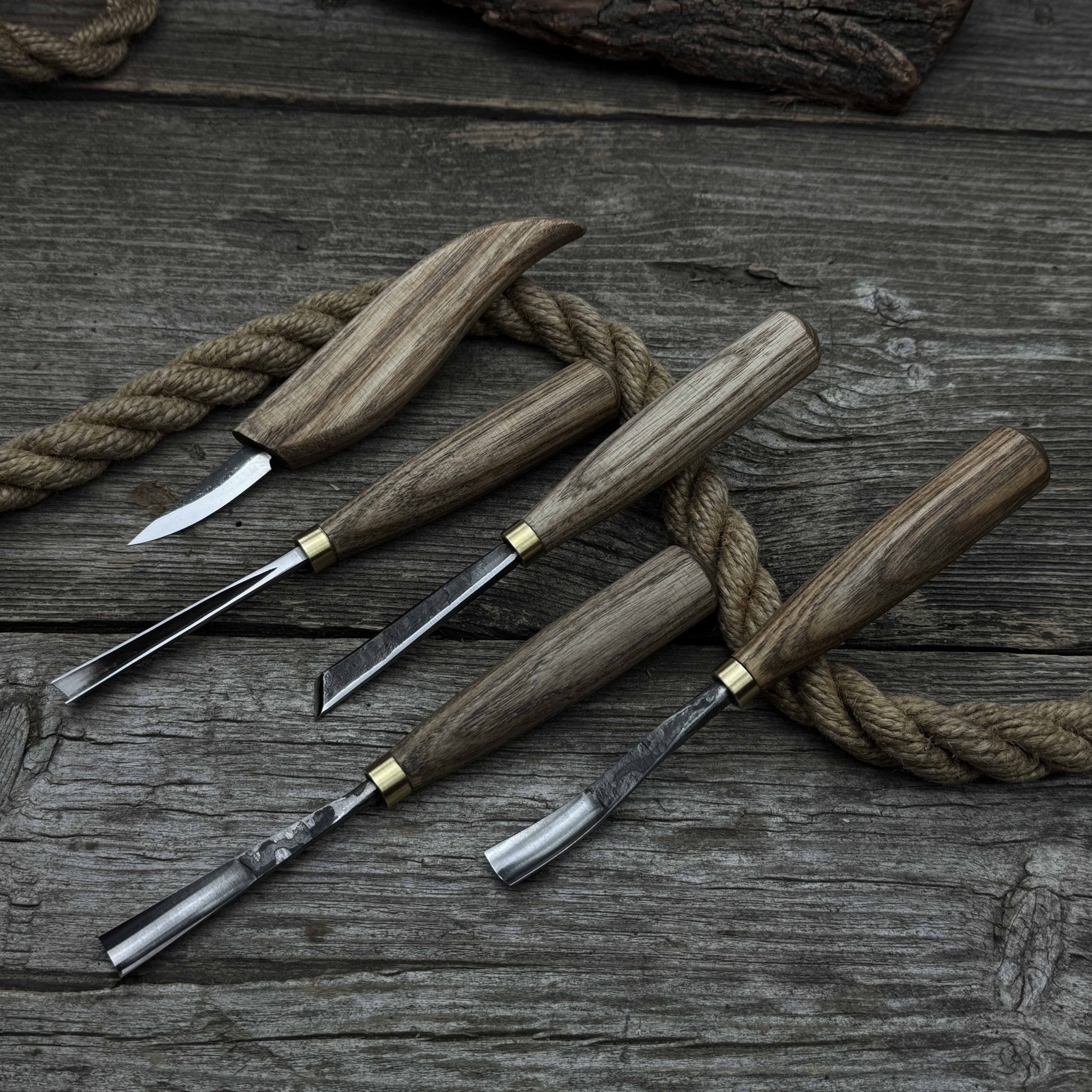 5-piece hand-forged wood carving tool set with ash wood handles and high-carbon steel blades