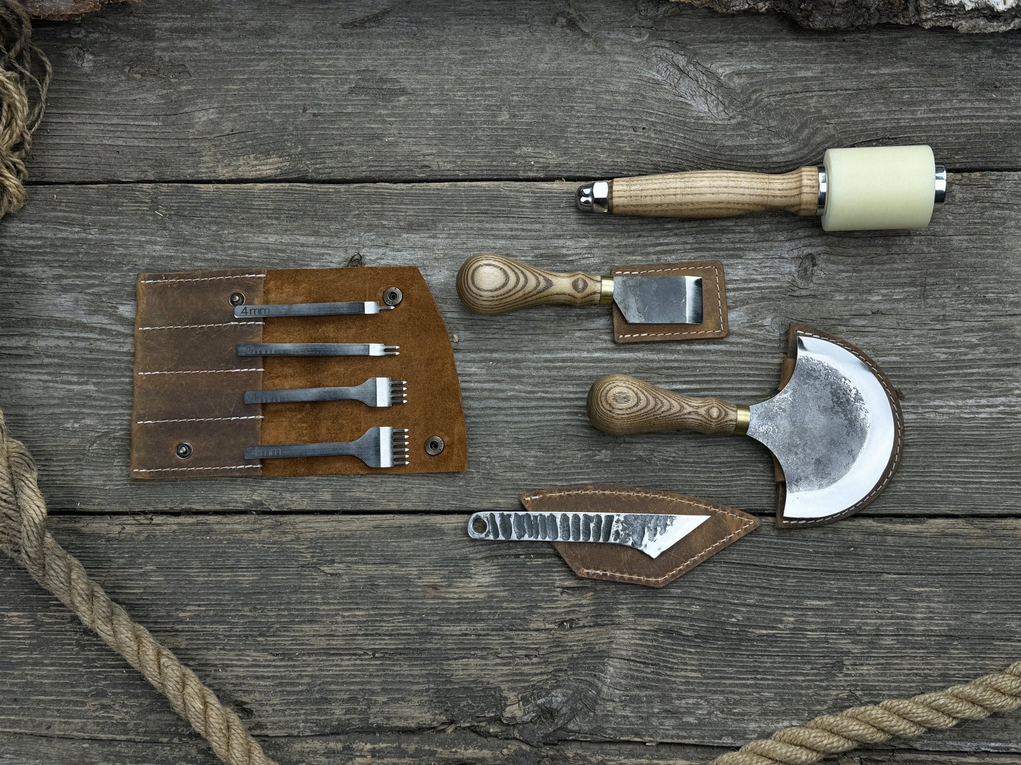 5-piece leather working tool set with nylon mallet and leather sheaths