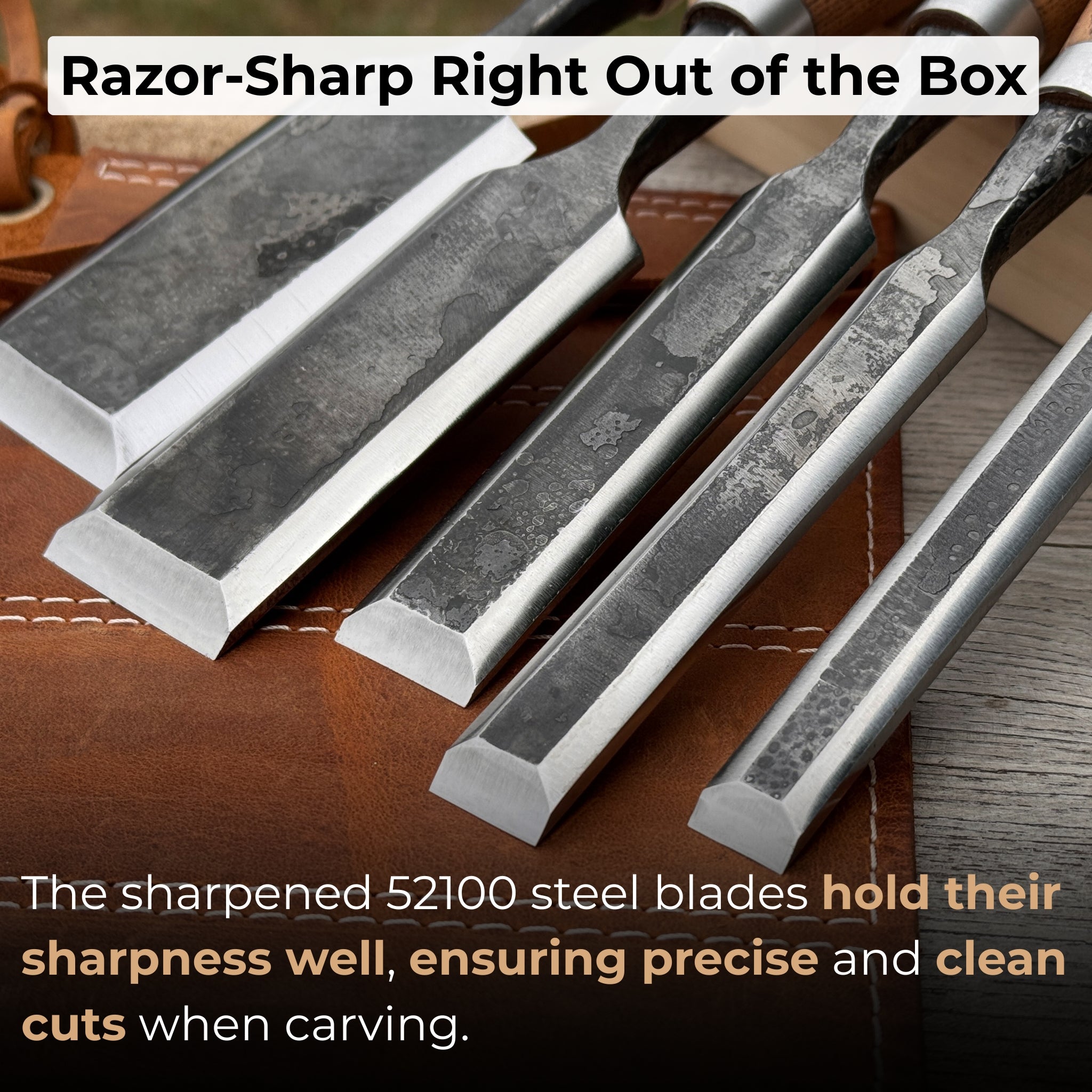 5-piece small timber framing chisel set with leather case by Sharky Forged Steel Tools
