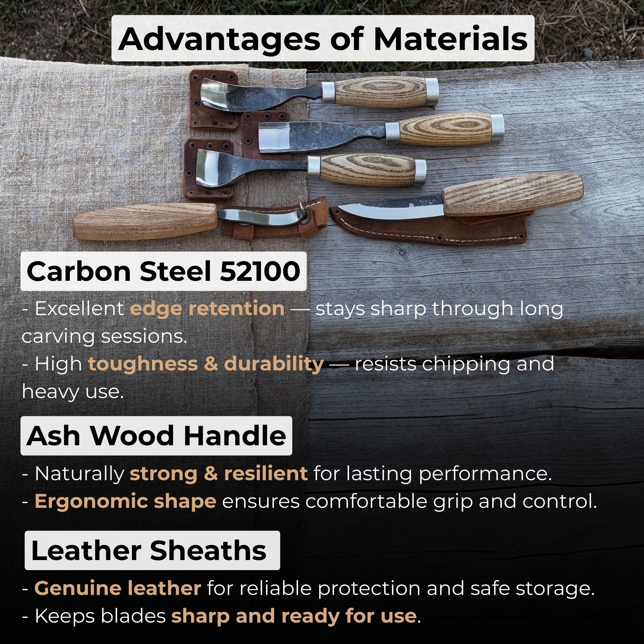 5-piece spoon and bowl carving tool set with leather sheaths by Sharky Forged Steel Tools