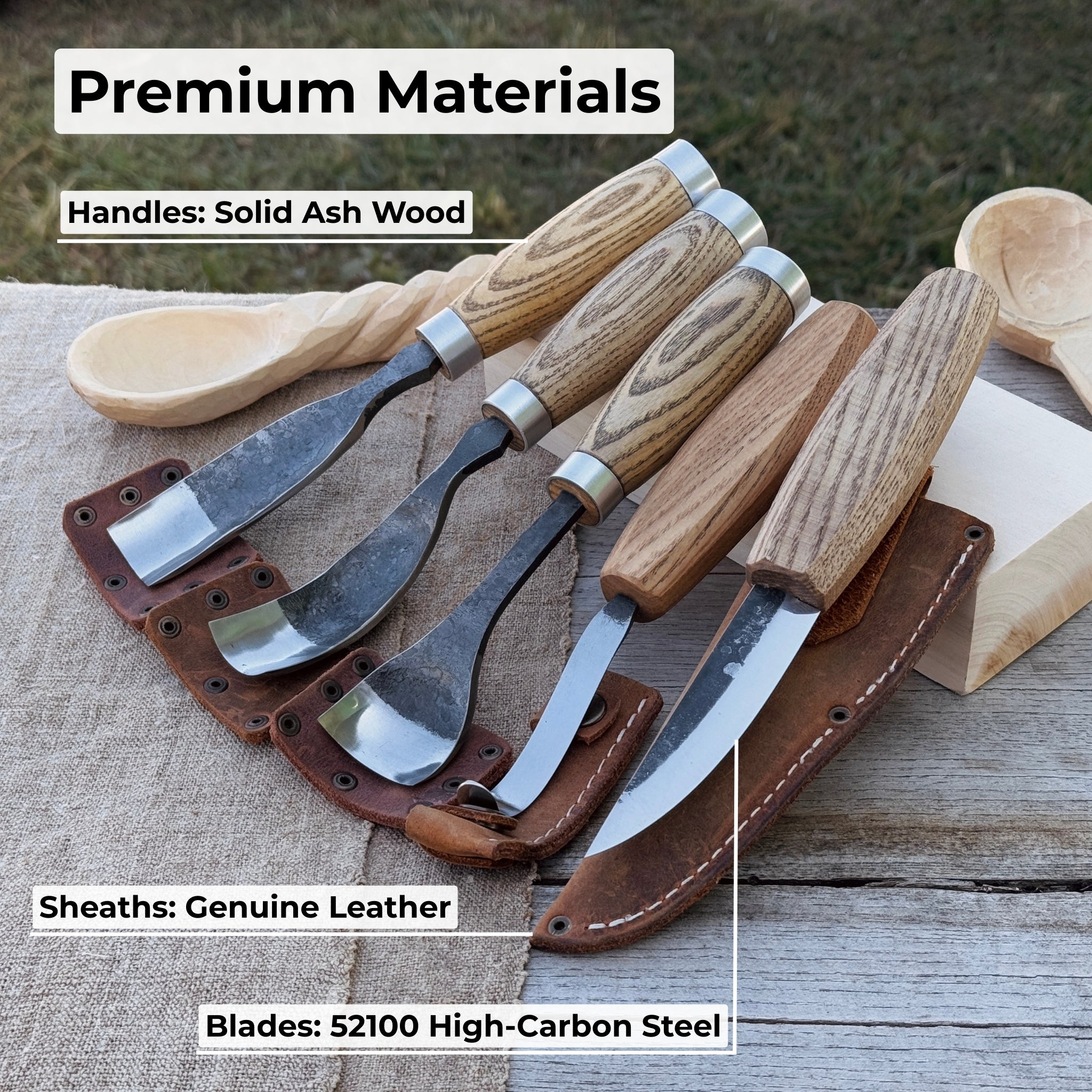 5-piece spoon and bowl carving tool set with leather sheaths by Sharky Forged Steel Tools