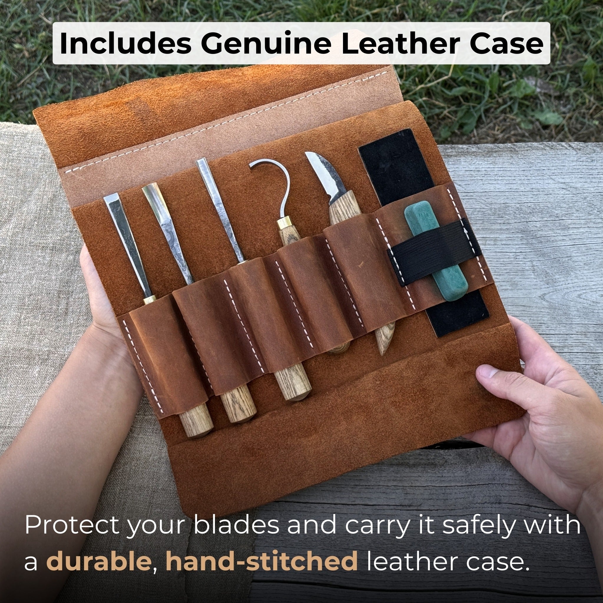 5-piece spoon carving tool set with leather strop and Crazy Horse leather case by Sharky Forged Steel Tools
