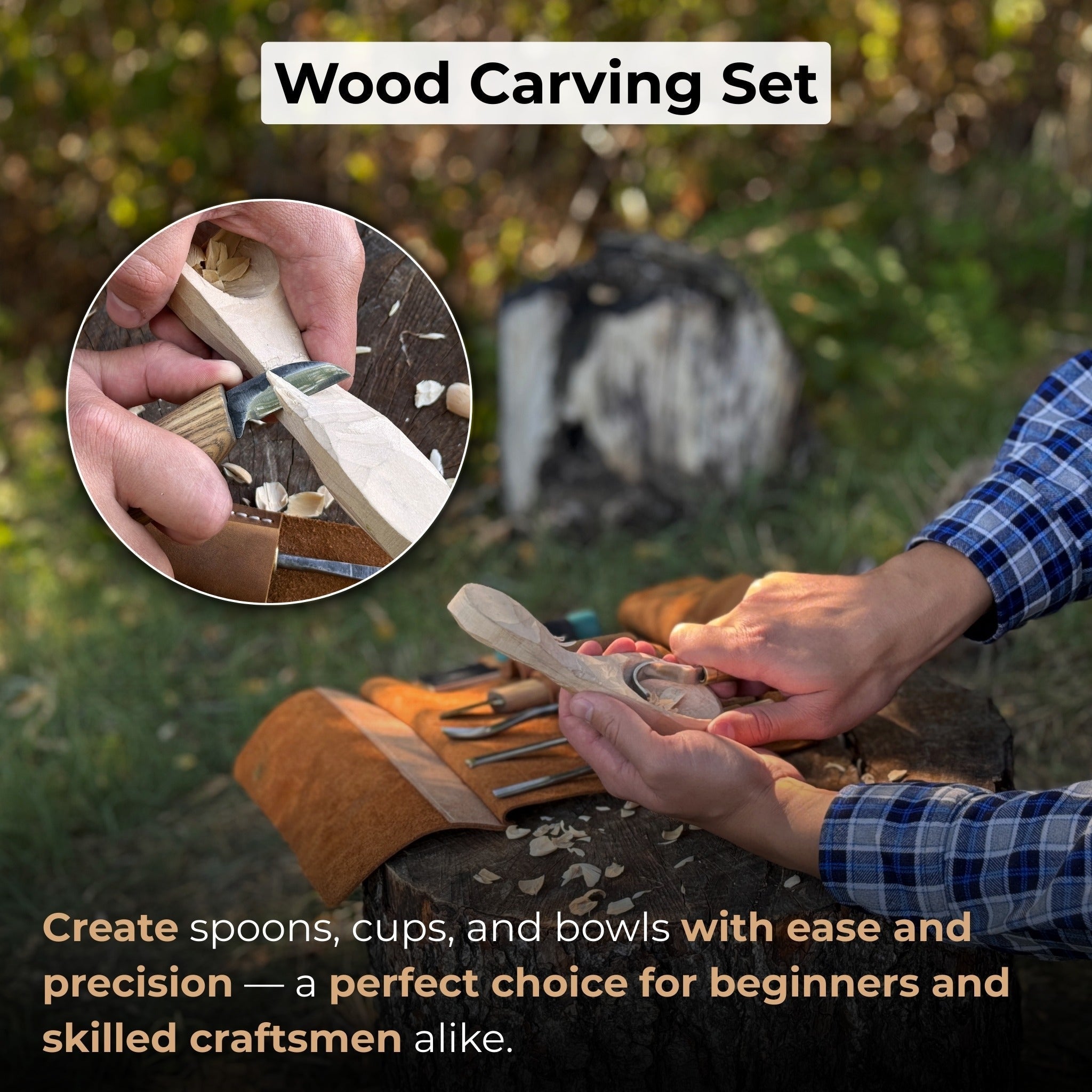 5-piece spoon carving tool set with leather strop and Crazy Horse leather case by Sharky Forged Steel Tools