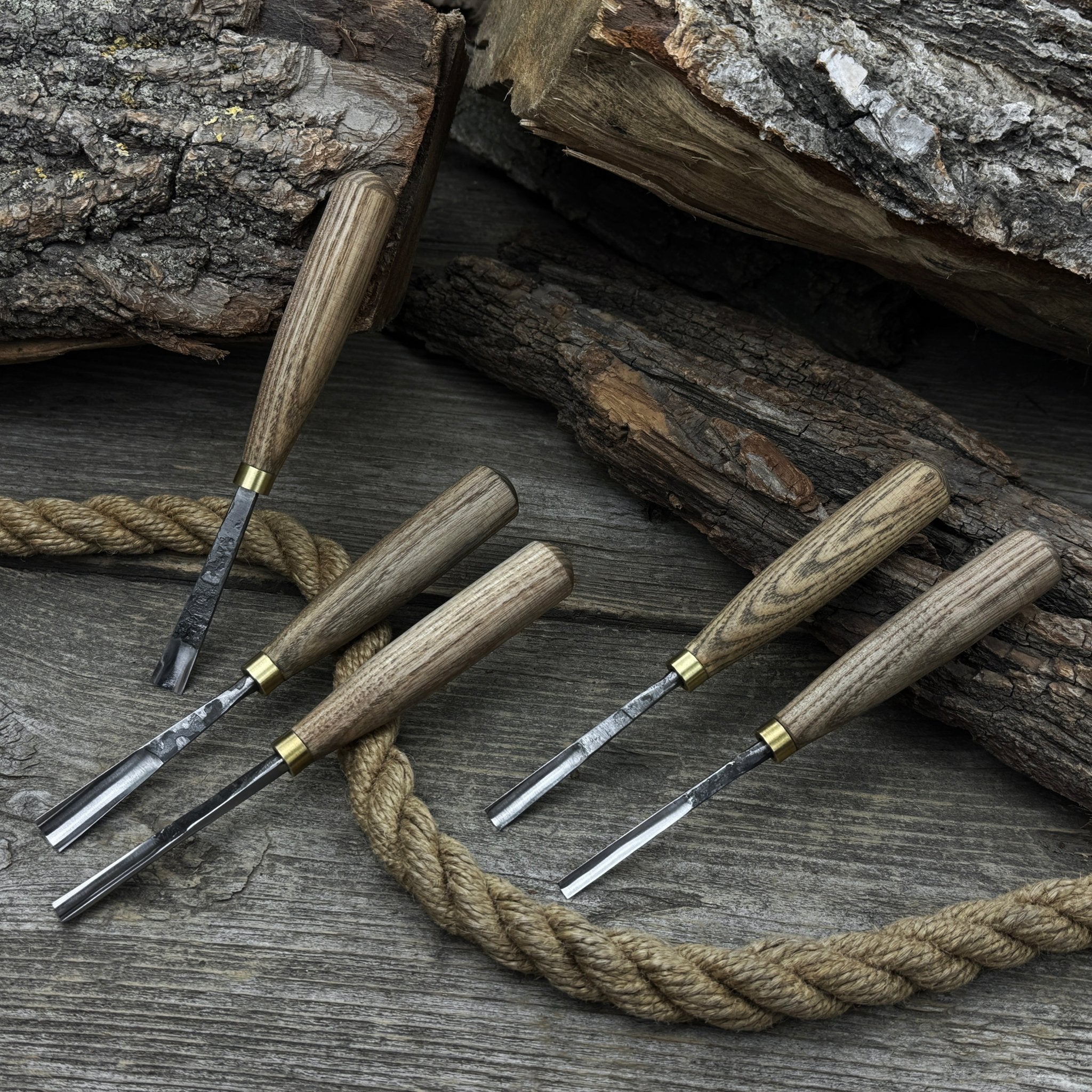 5-piece wood carving chisel and gouge set with ash wood handles and forged steel blades