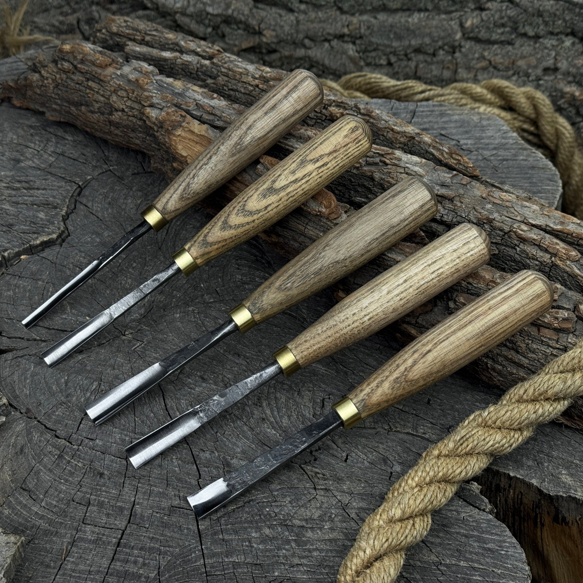 5-piece wood carving chisel and gouge set with ash wood handles and forged steel blades