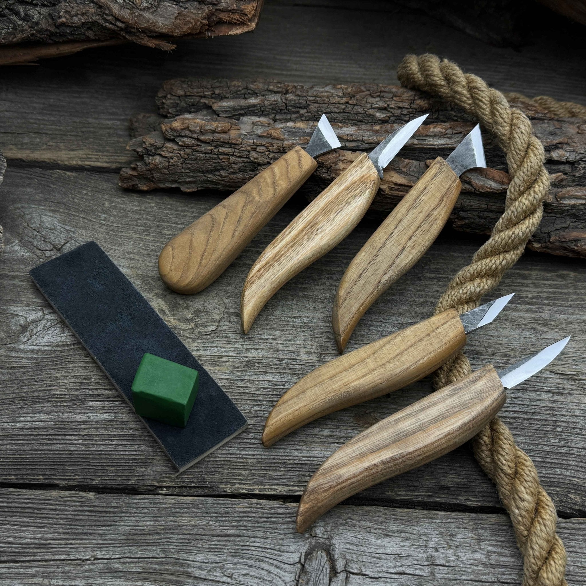 5-piece wood carving knife set with sharpening board and leather case by Sharky Forged Steel Tools