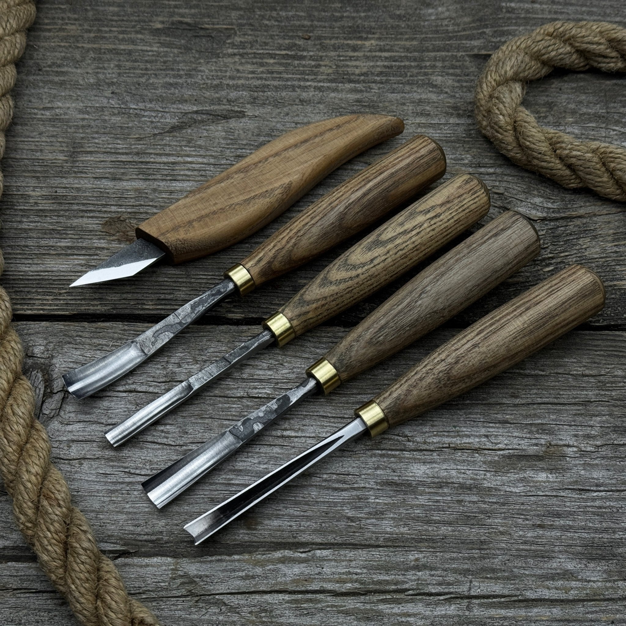 5-piece wood carving set with whittling knife and gouges by Sharky Forged Steel Tools