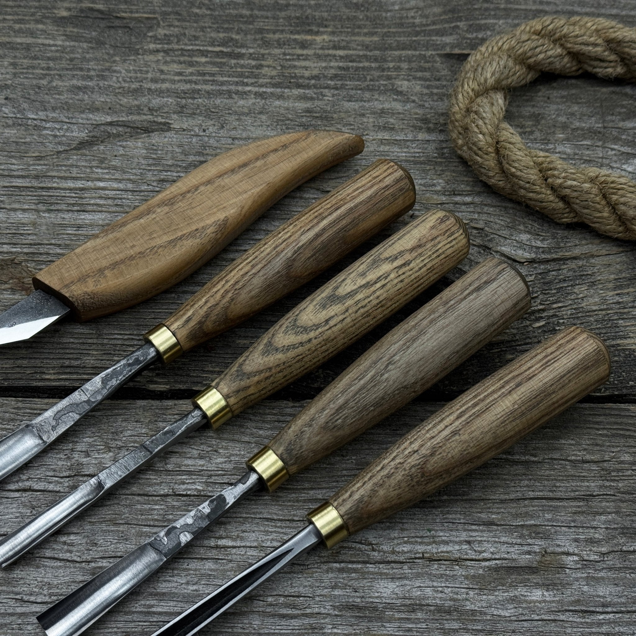 5-piece wood carving set with whittling knife and gouges by Sharky Forged Steel Tools