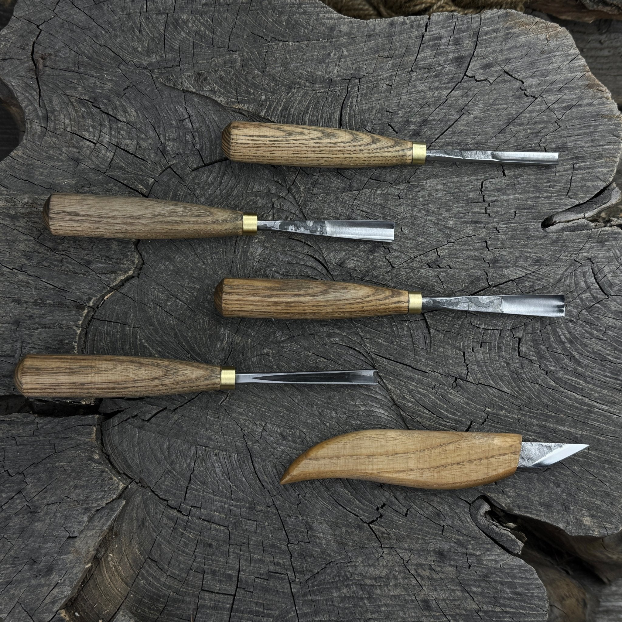 5-piece wood carving set with whittling knife and gouges by Sharky Forged Steel Tools