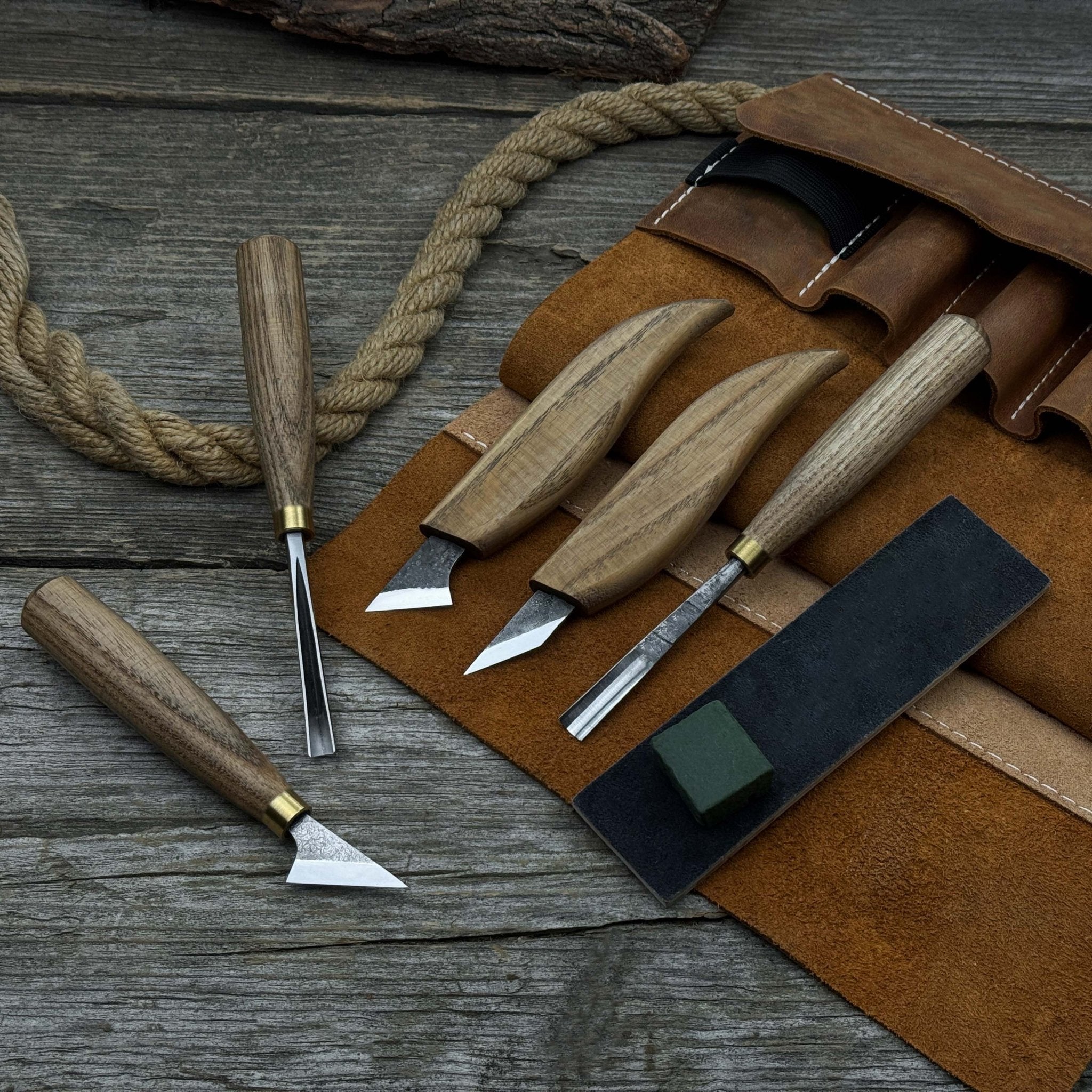 5-piece wood carving tool set with sharpening board and leather case by Sharky Forged Steel Tools