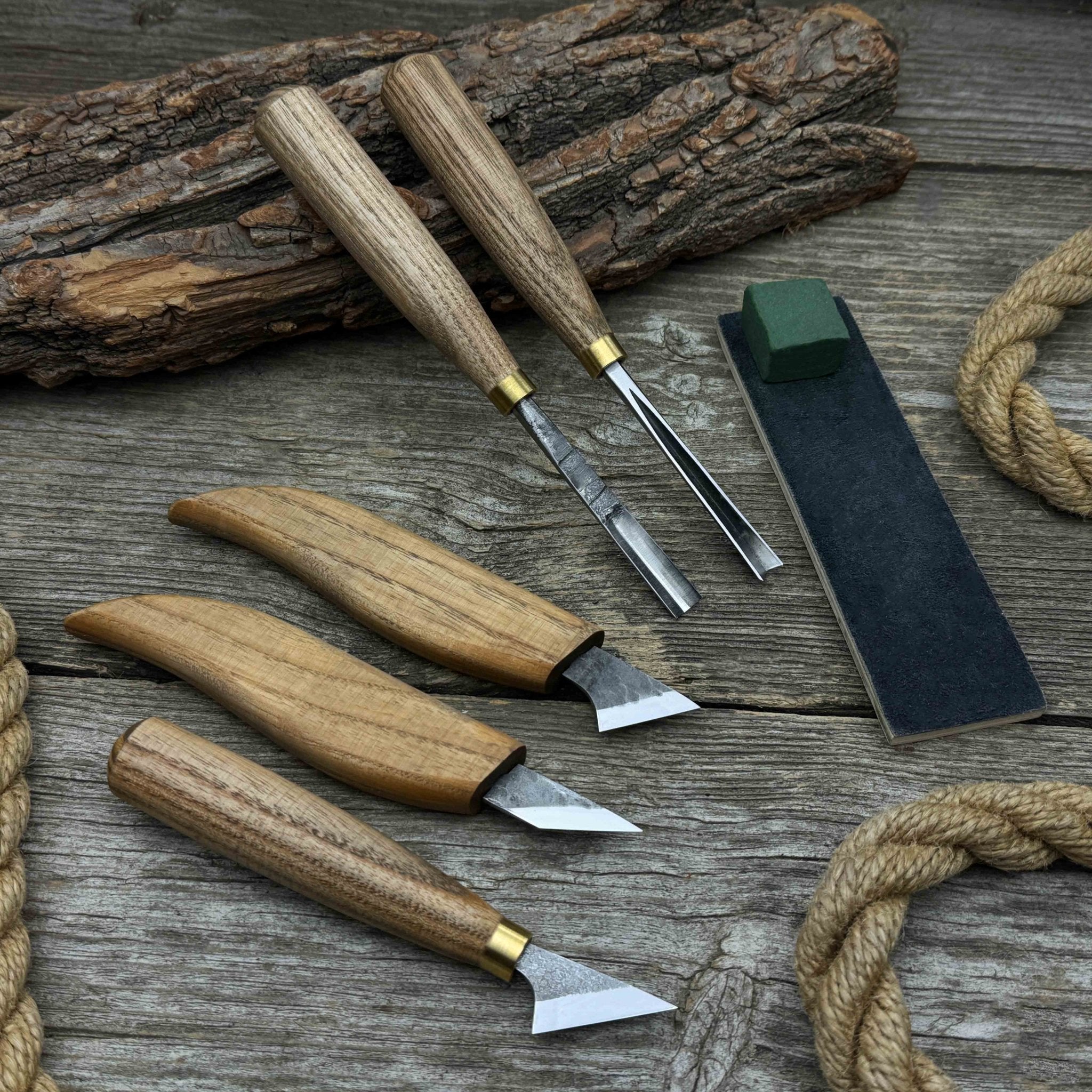 5-piece wood carving tool set with sharpening board and leather case by Sharky Forged Steel Tools