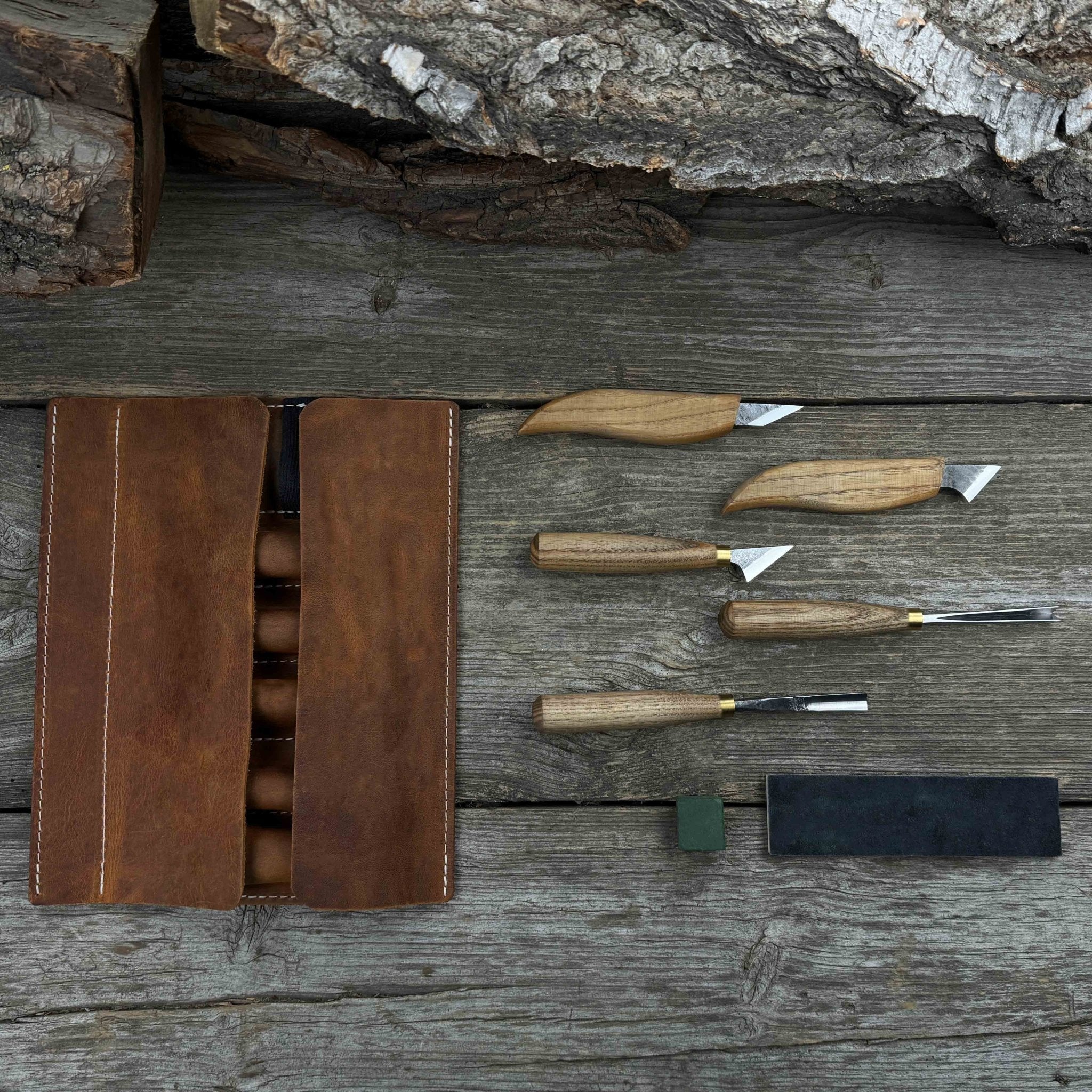 5-piece wood carving tool set with sharpening board and leather case by Sharky Forged Steel Tools