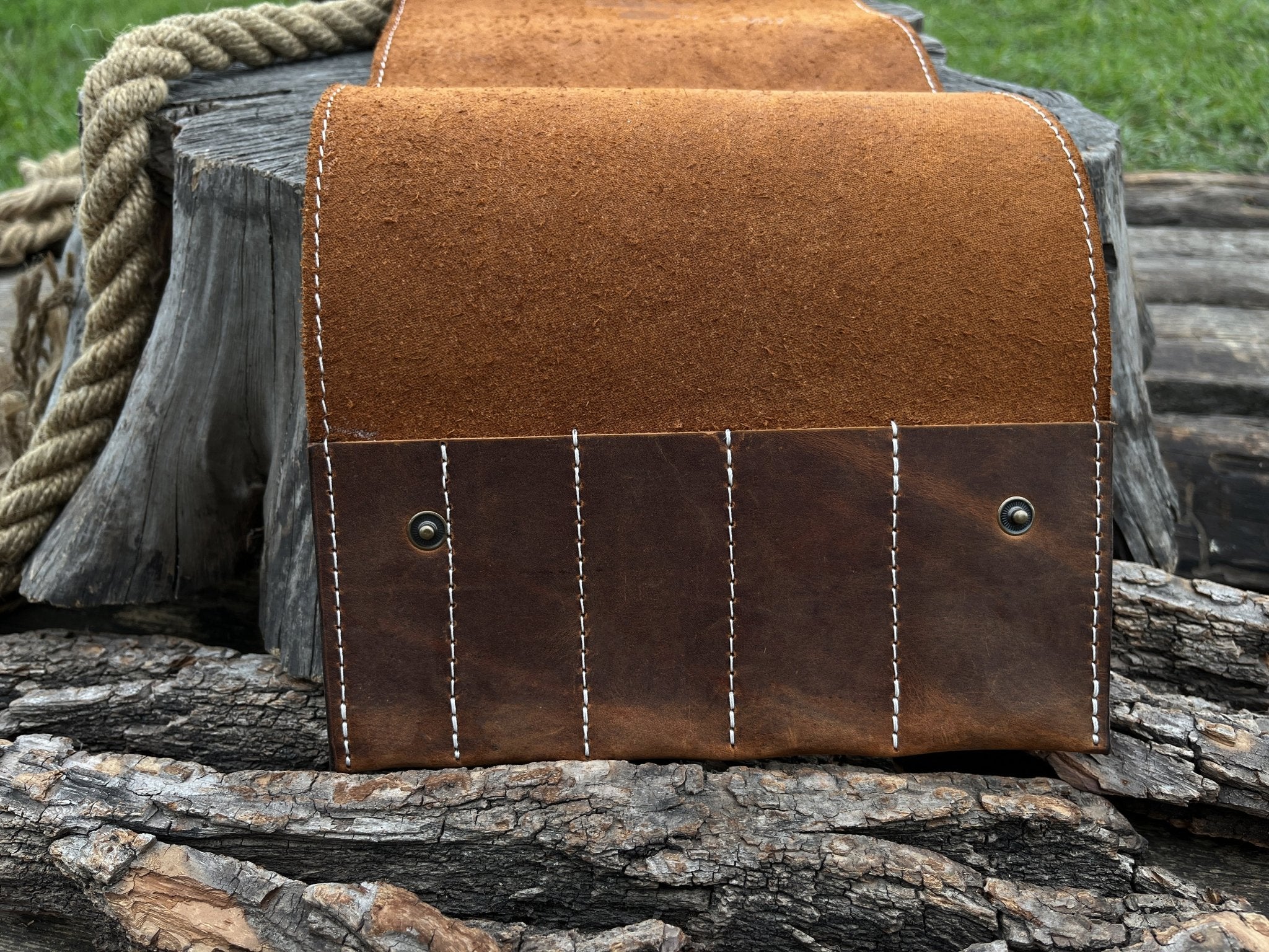 Sharky Forged Steel Tools 5 Pocket Leather Tool Case in two shades of brown leather with button closures