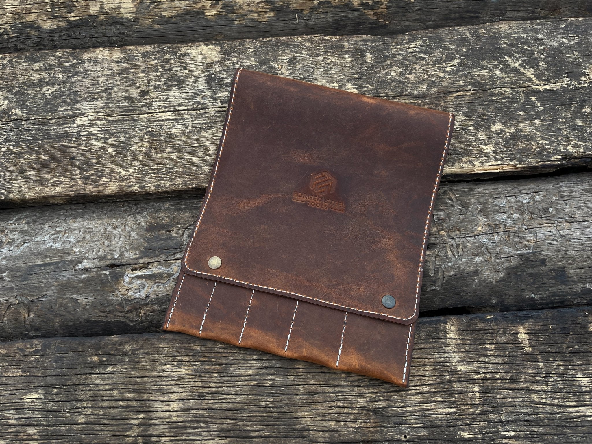Sharky Forged Steel Tools 5 Pocket Leather Tool Case in two shades of brown leather with button closures