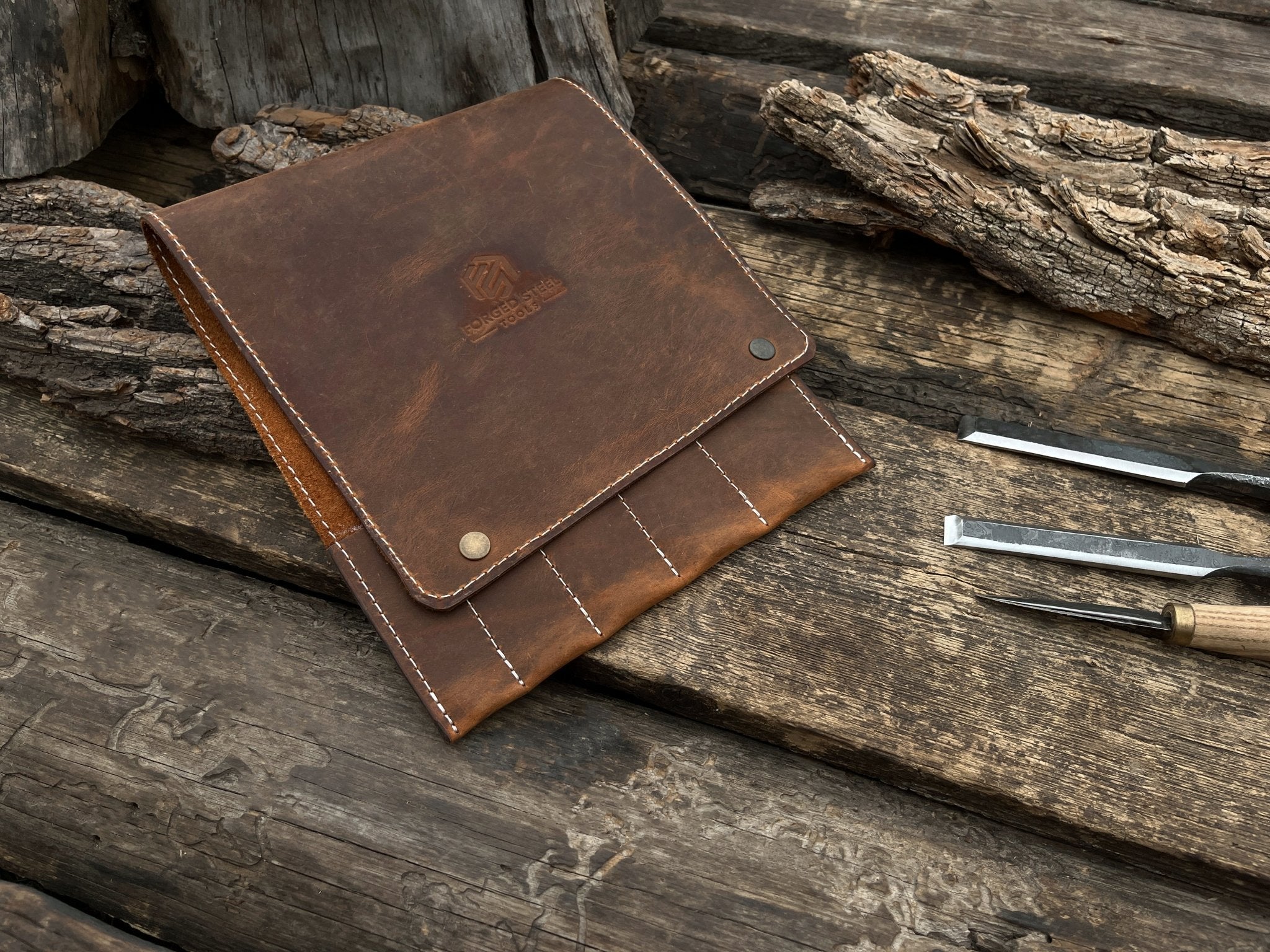 Sharky Forged Steel Tools 5 Pocket Leather Tool Case in two shades of brown leather with button closures