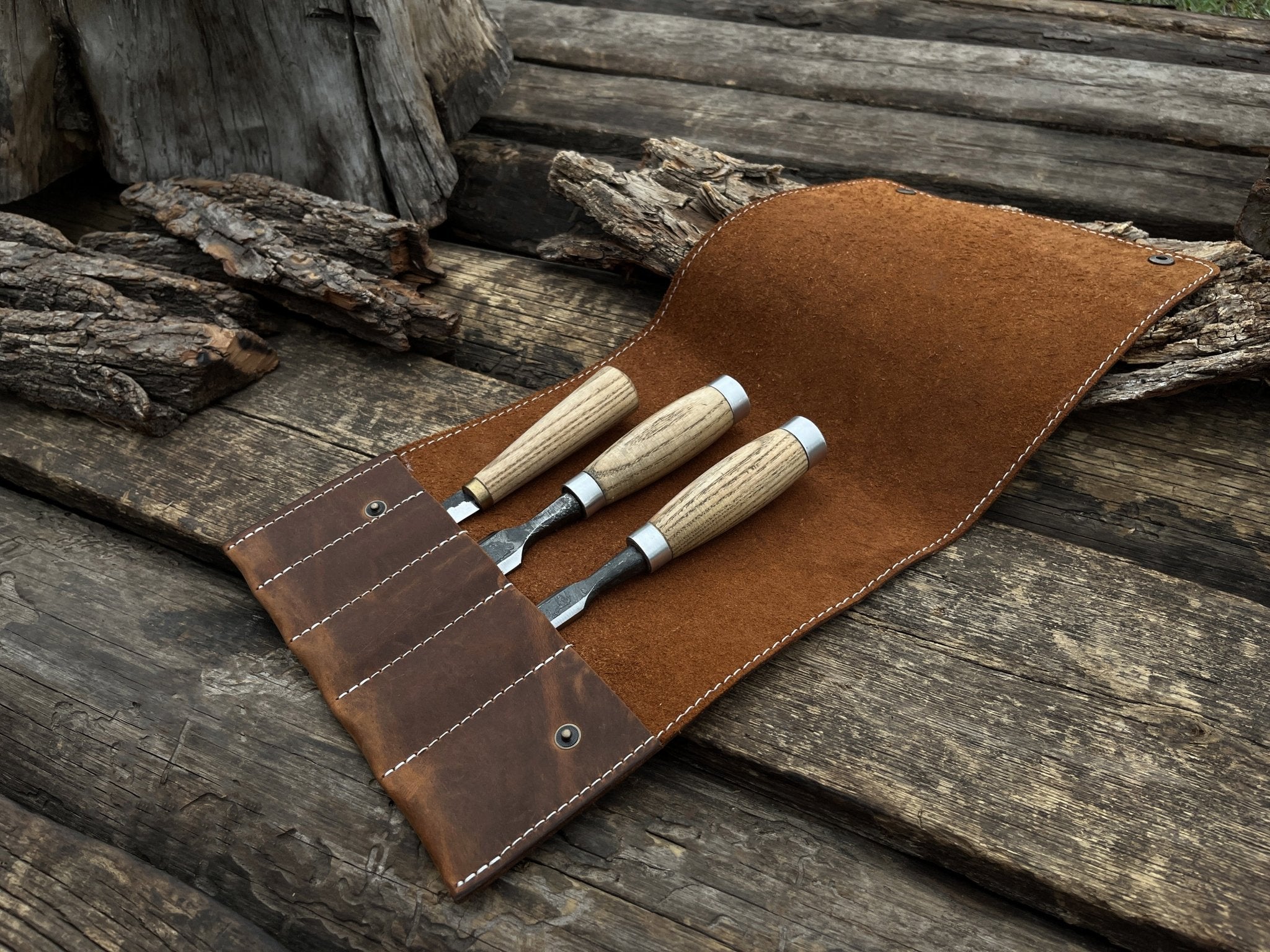 Sharky Forged Steel Tools 5 Pocket Leather Tool Case in two shades of brown leather with button closures