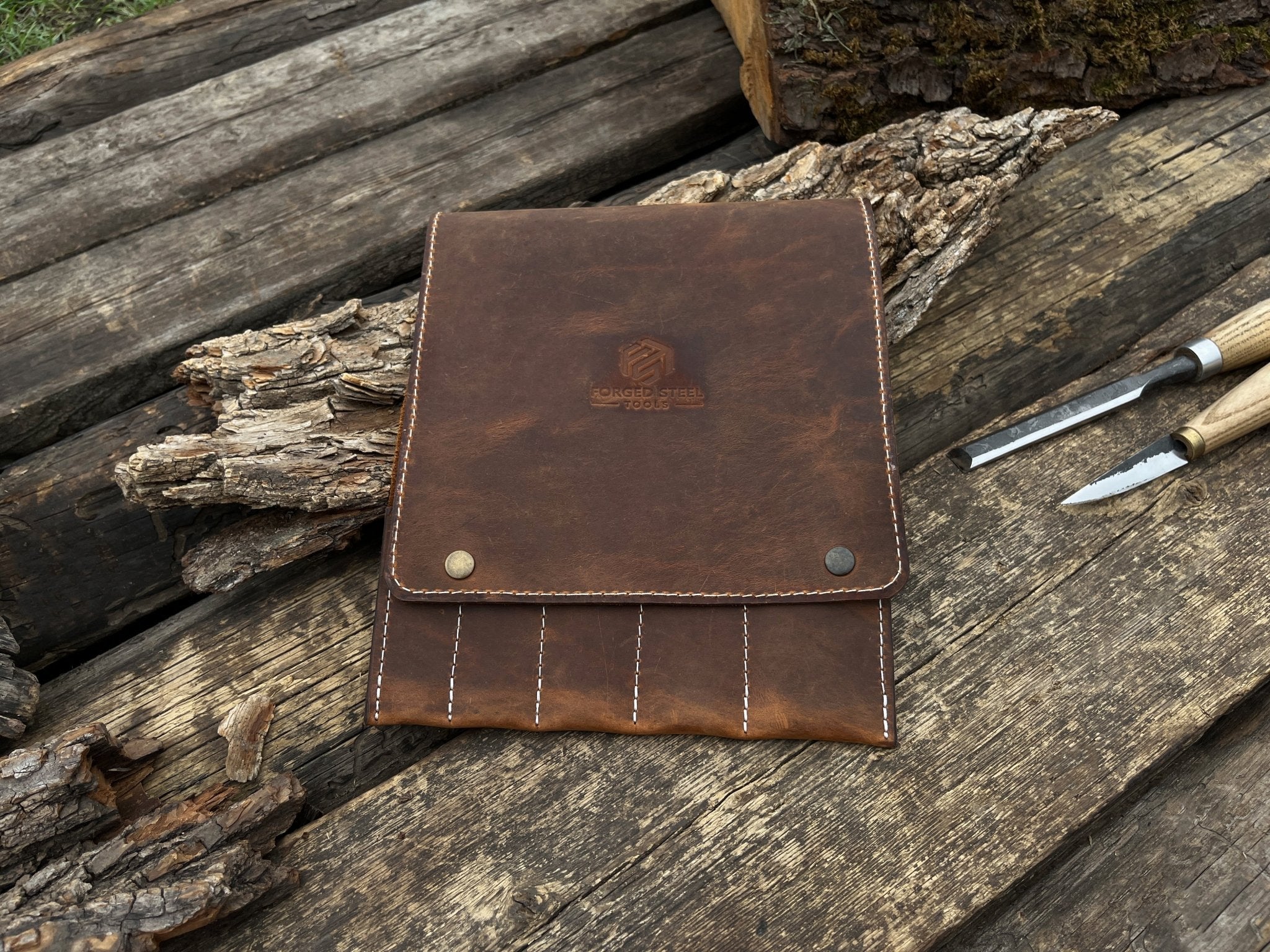 Sharky Forged Steel Tools 5 Pocket Leather Tool Case in two shades of brown leather with button closures