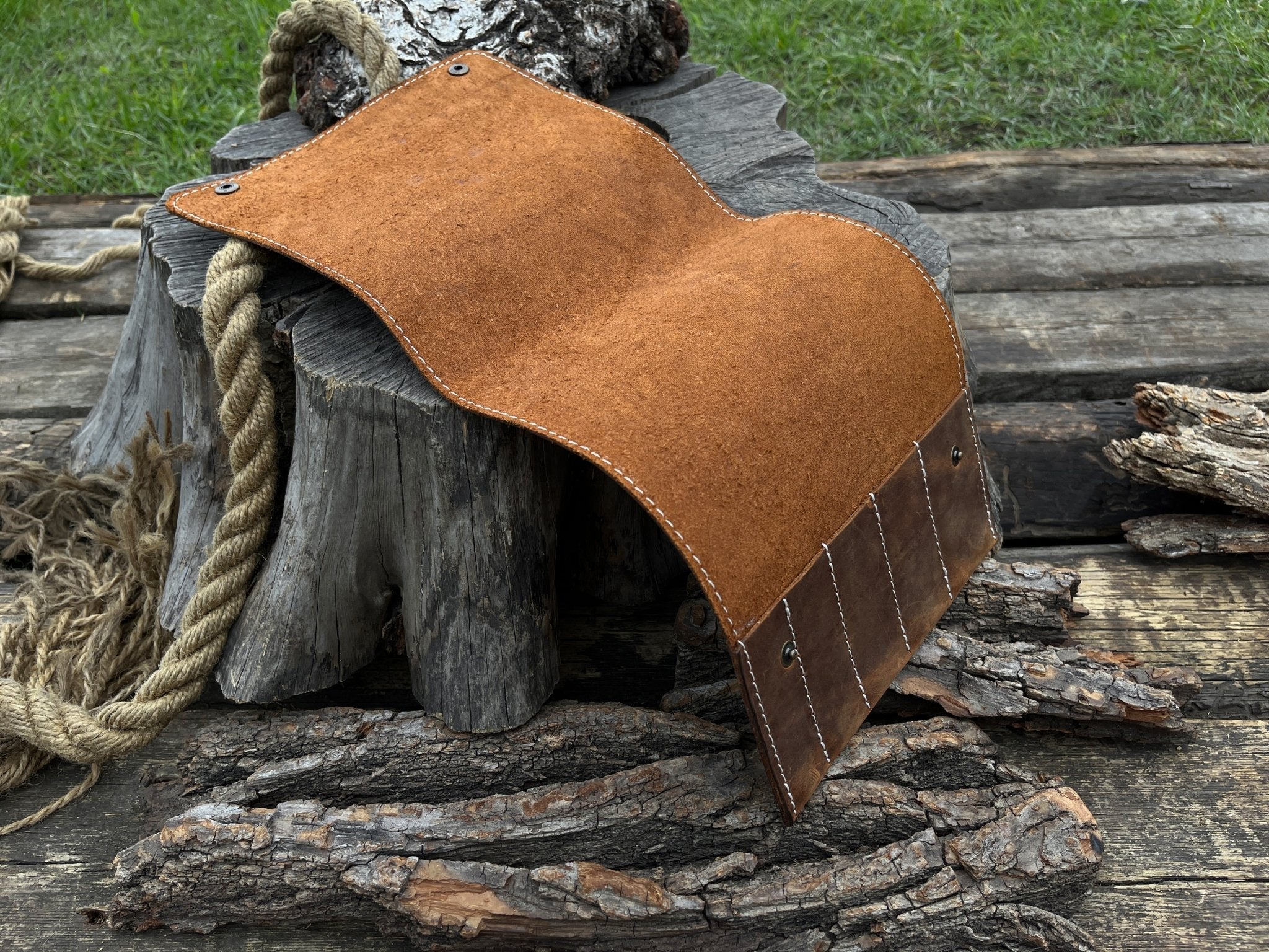 Sharky Forged Steel Tools 5 Pocket Leather Tool Case in two shades of brown leather with button closures