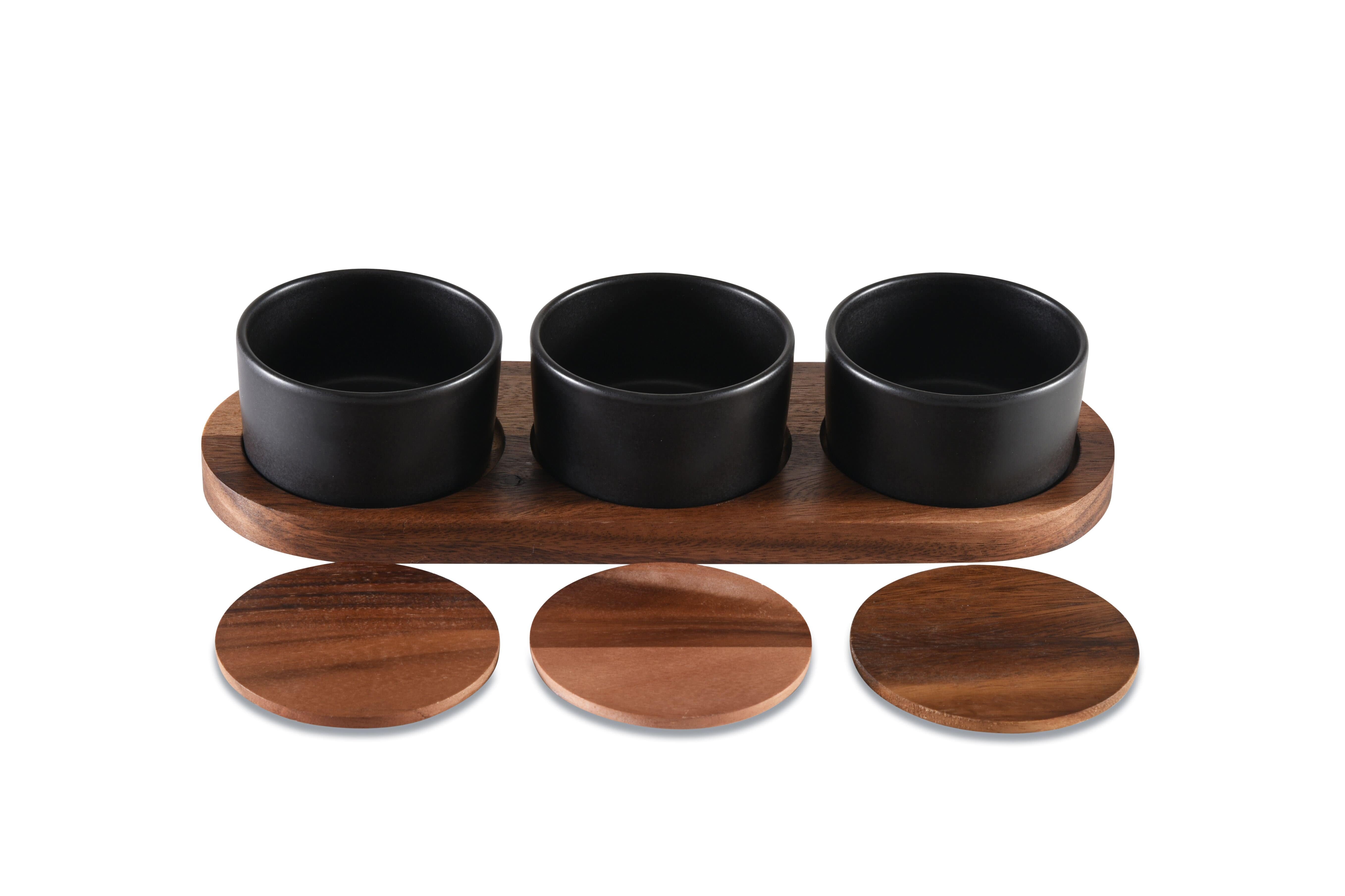 Ceramic Condiment Set on Acacia Wood Base by Kalmar Home - product image 2 for Resin Society