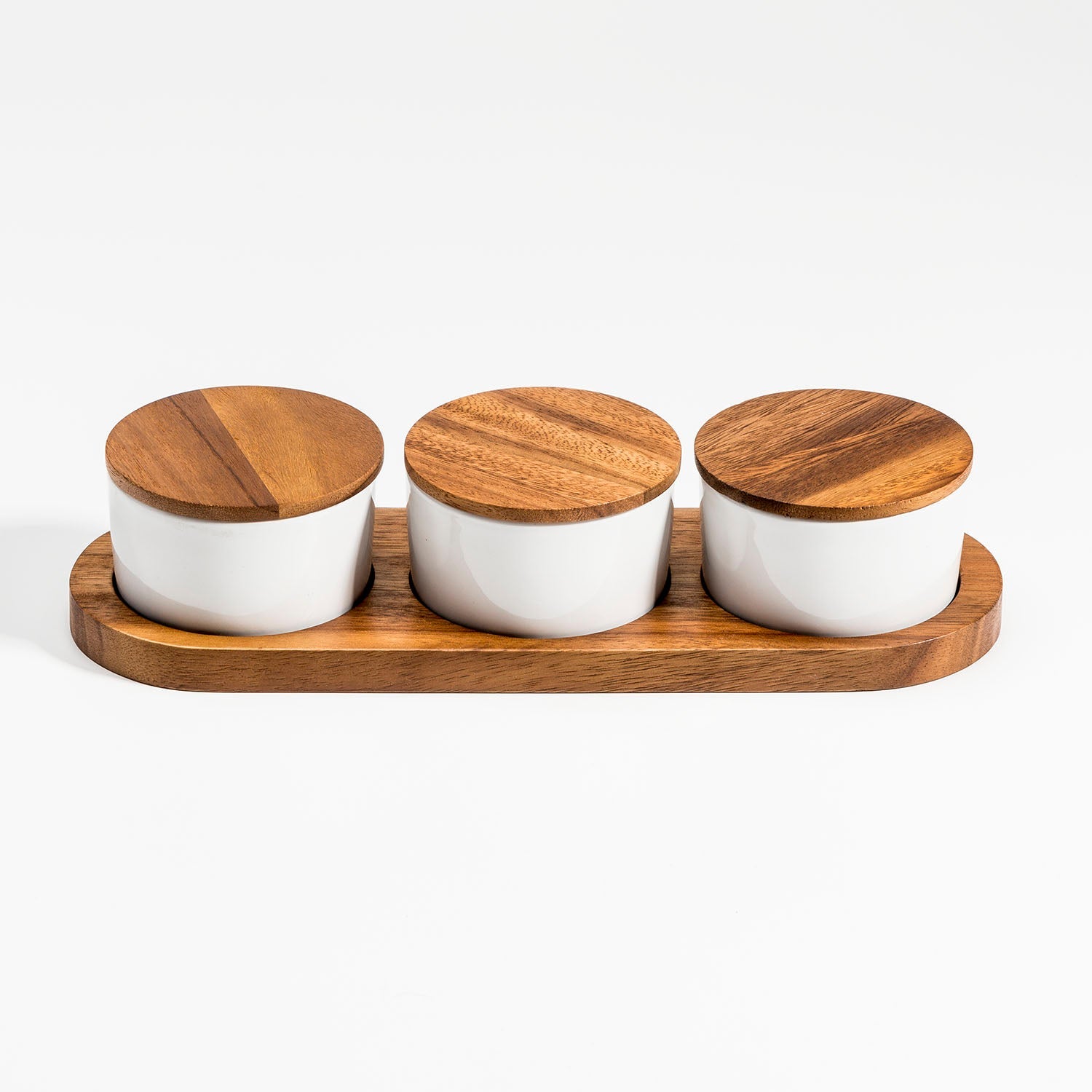 Ceramic Condiment Set on Acacia Wood Base by Kalmar Home - product image 2 for Resin Society