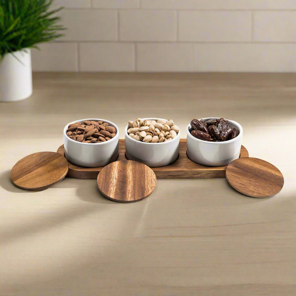 Ceramic Condiment Set on Acacia Wood Base by Kalmar Home - main product image for Resin Society