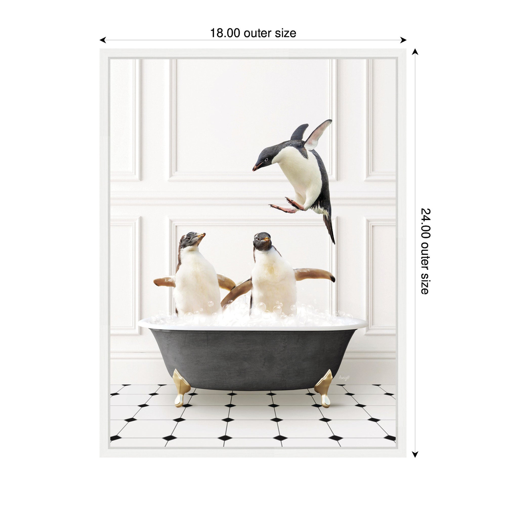 Sylvie Penguins in Classic Black and White Bath Framed Canvas by Amy Peterson