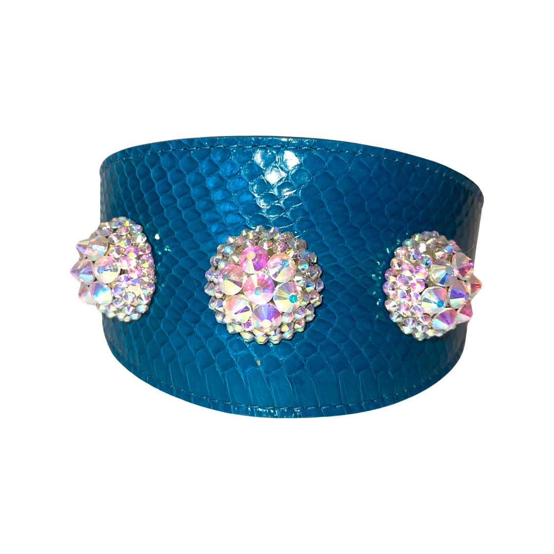 Dark turquoise 3-inch wide snake collar adorned with three Swarovski crystal rivets