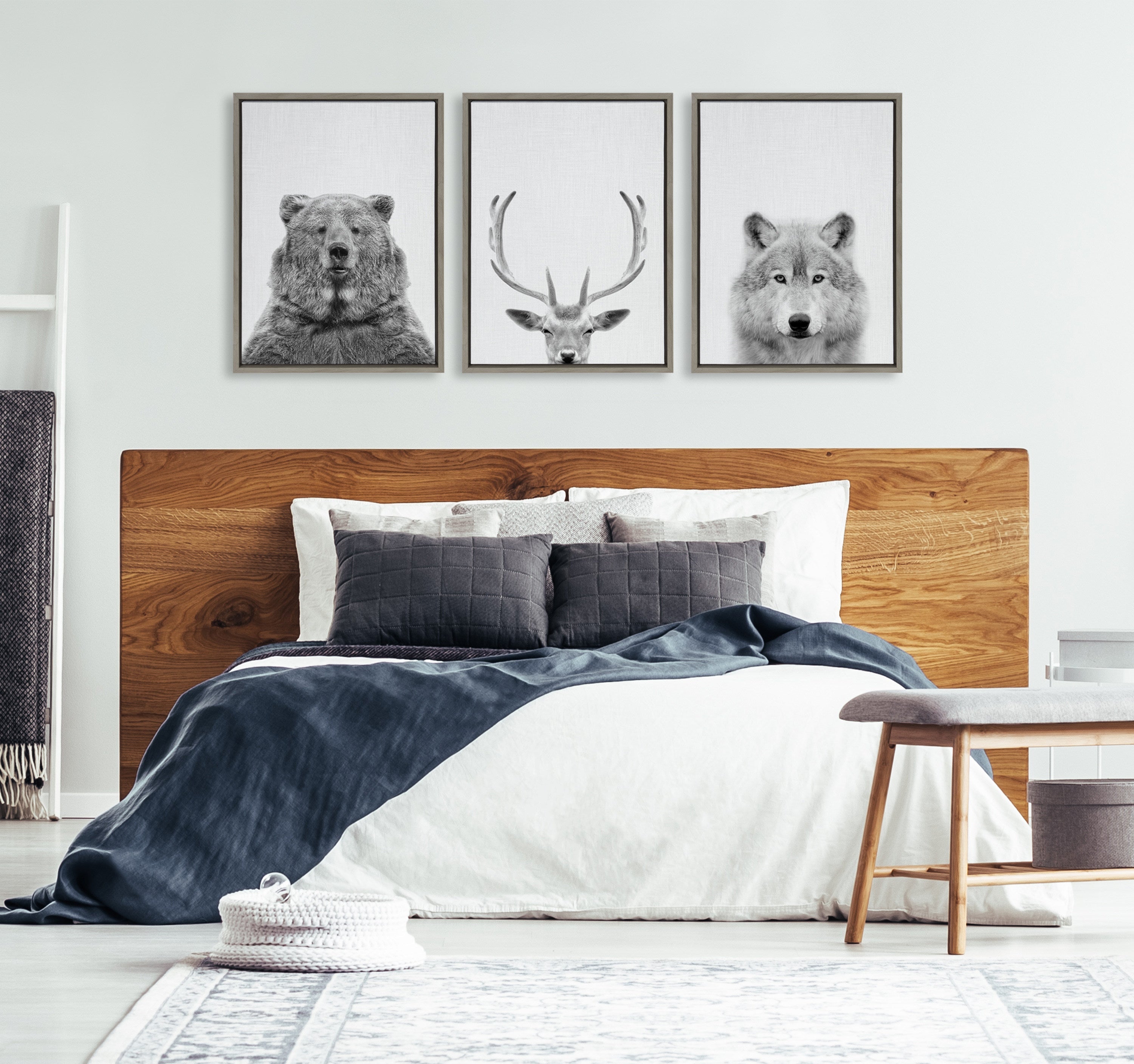 Sylvie Bear Deer and Wolf Framed Canvas Art Set by Simon Te of Tai Prints