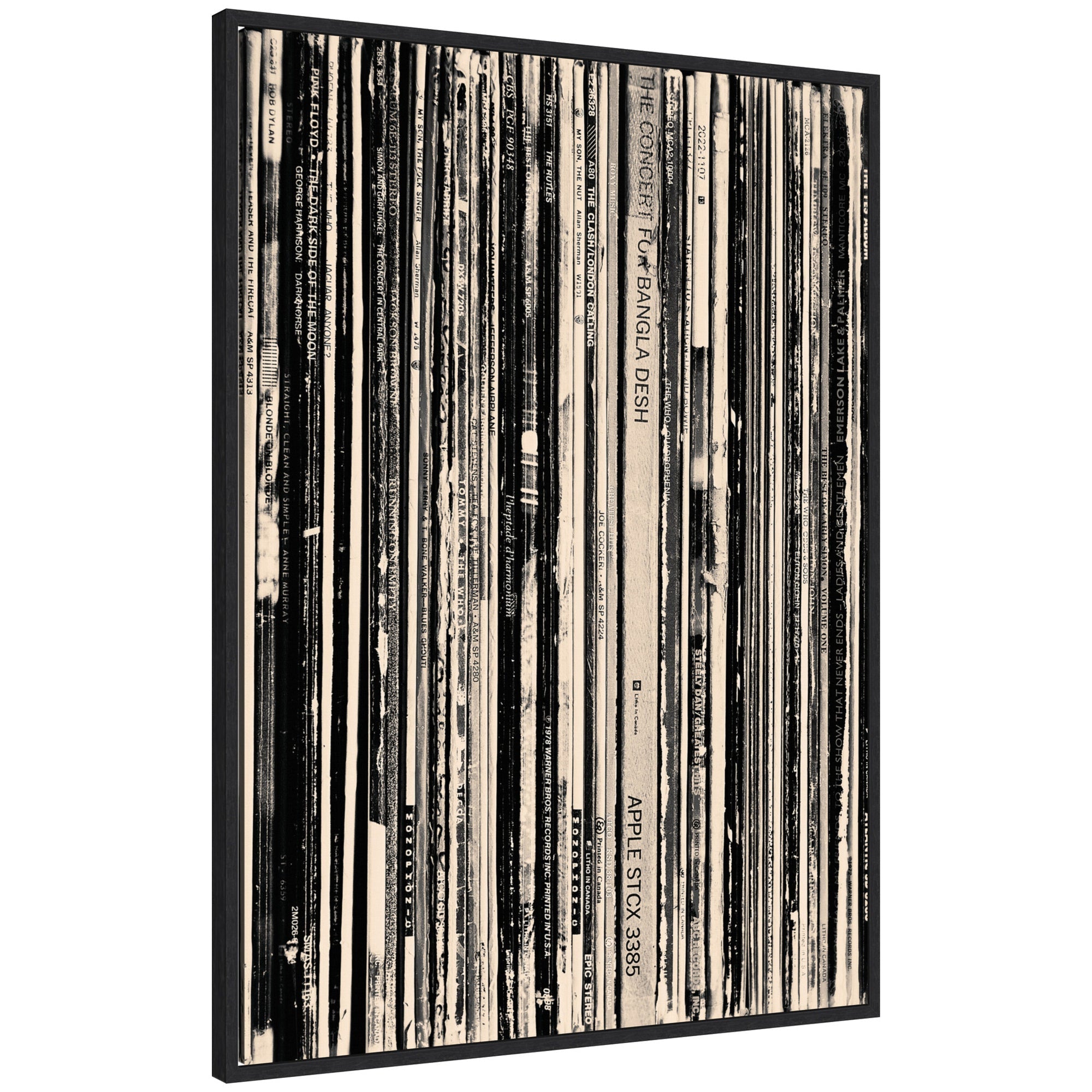 33 RPM Black and White by Robert Cadloff framed canvas wall art print showing a black and white closeup of a vinyl record player needle on record