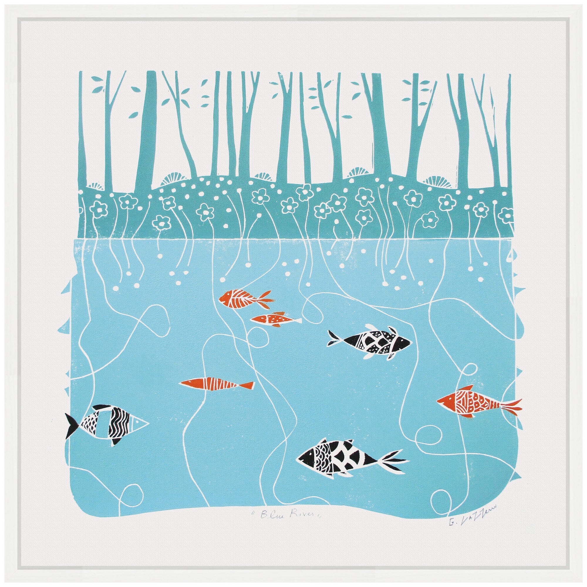 Sylvie Coastal Blue River Linocut Framed Canvas by Giuliana Lazzerini