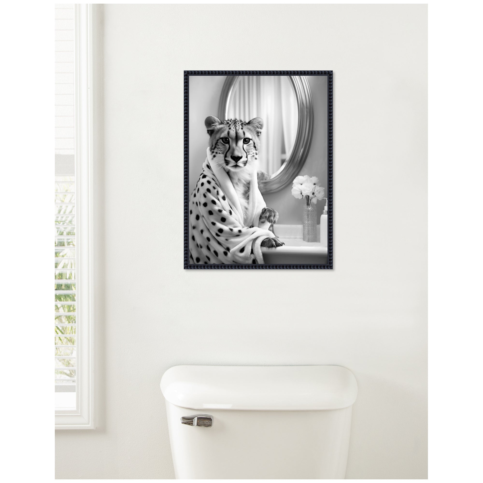 Sylvie Cheetah Glam Bathroom Towel Robe Black and White Framed Canvas