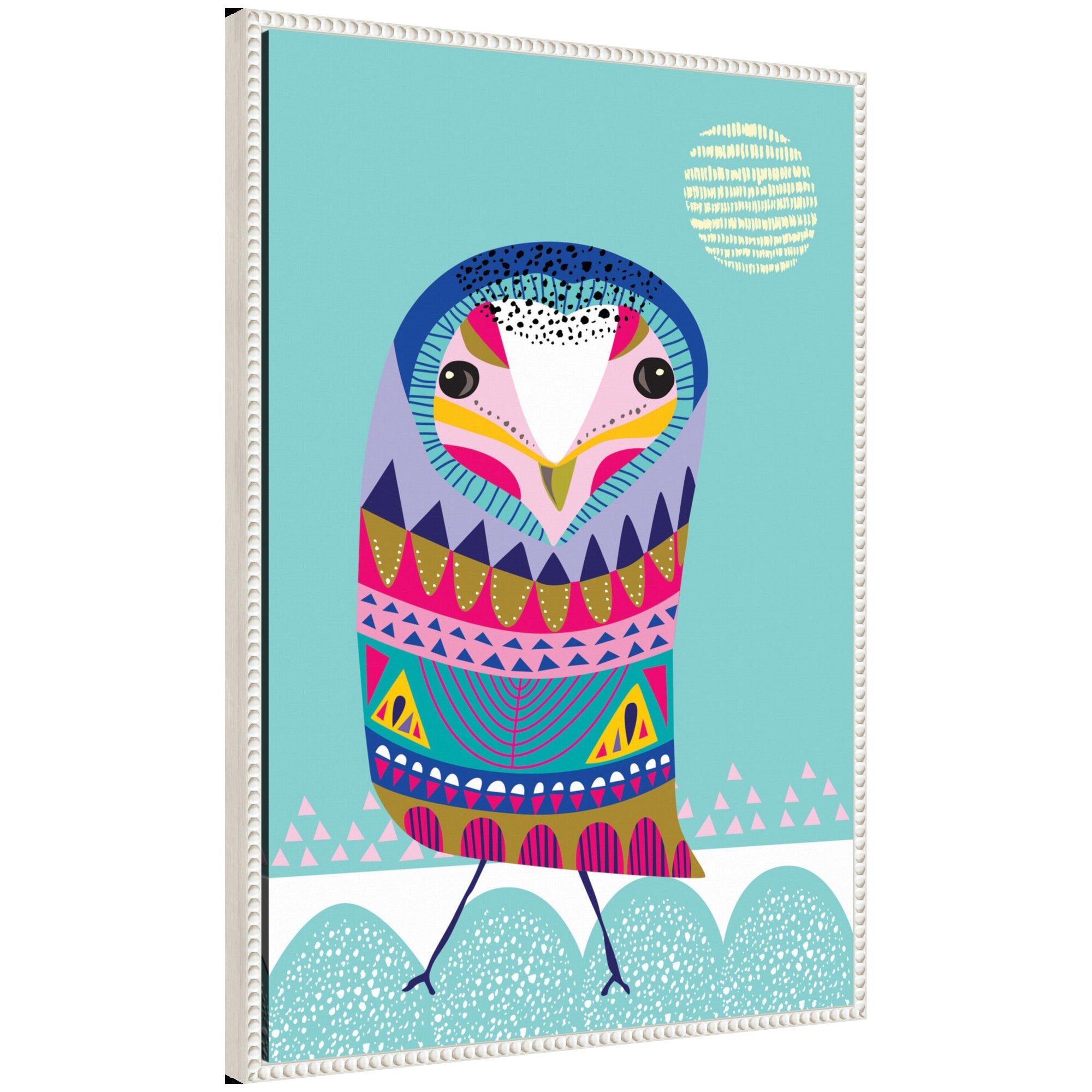 Framed canvas art featuring a colorful abstract folk owl with boho style by Rachel Lee
