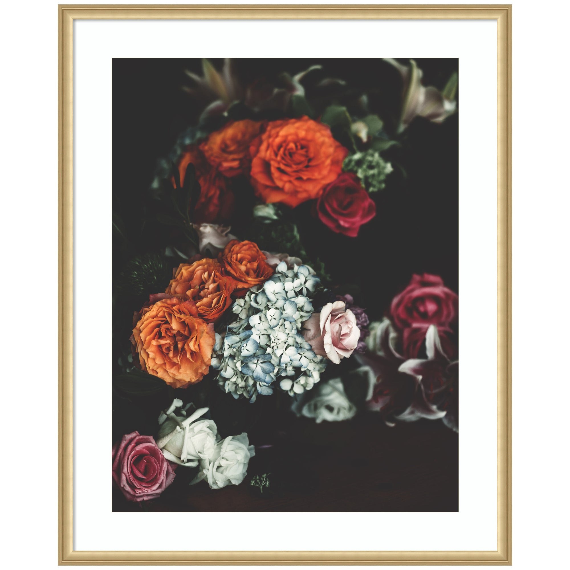 Framed artwork showing a vibrant bouquet of roses and hydrangeas with a dark background