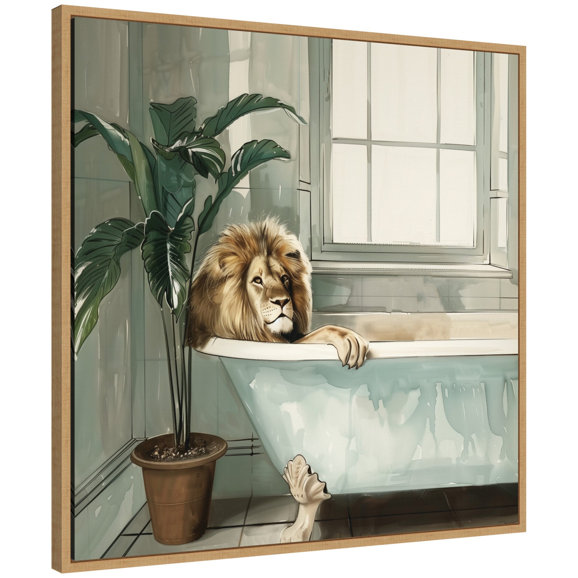 Framed canvas print of a lion relaxing in a zen bathroom scene