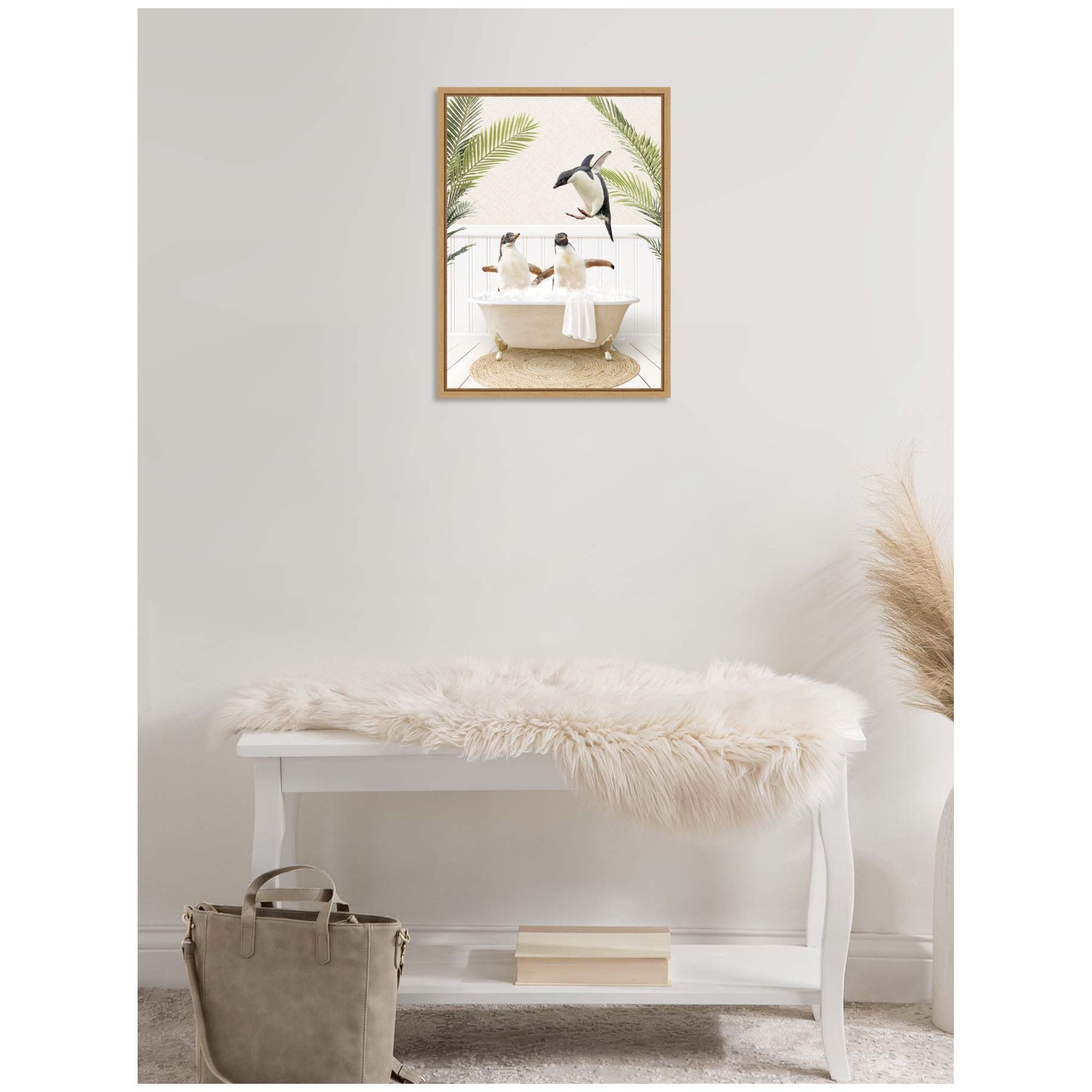 Sylvie Penguins in Palm Bathtub Framed Canvas by Amy Peterson