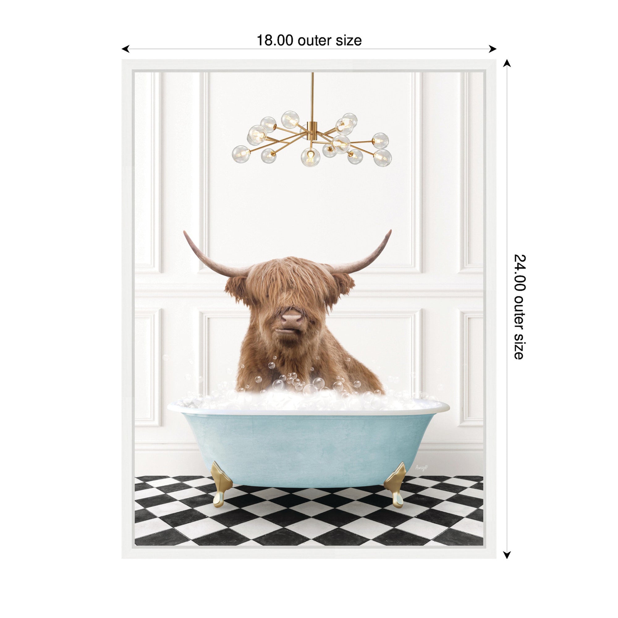 Sylvie Highland Cow in Blue Bathtub on Checker Floor Framed Canvas by Amy Peterson