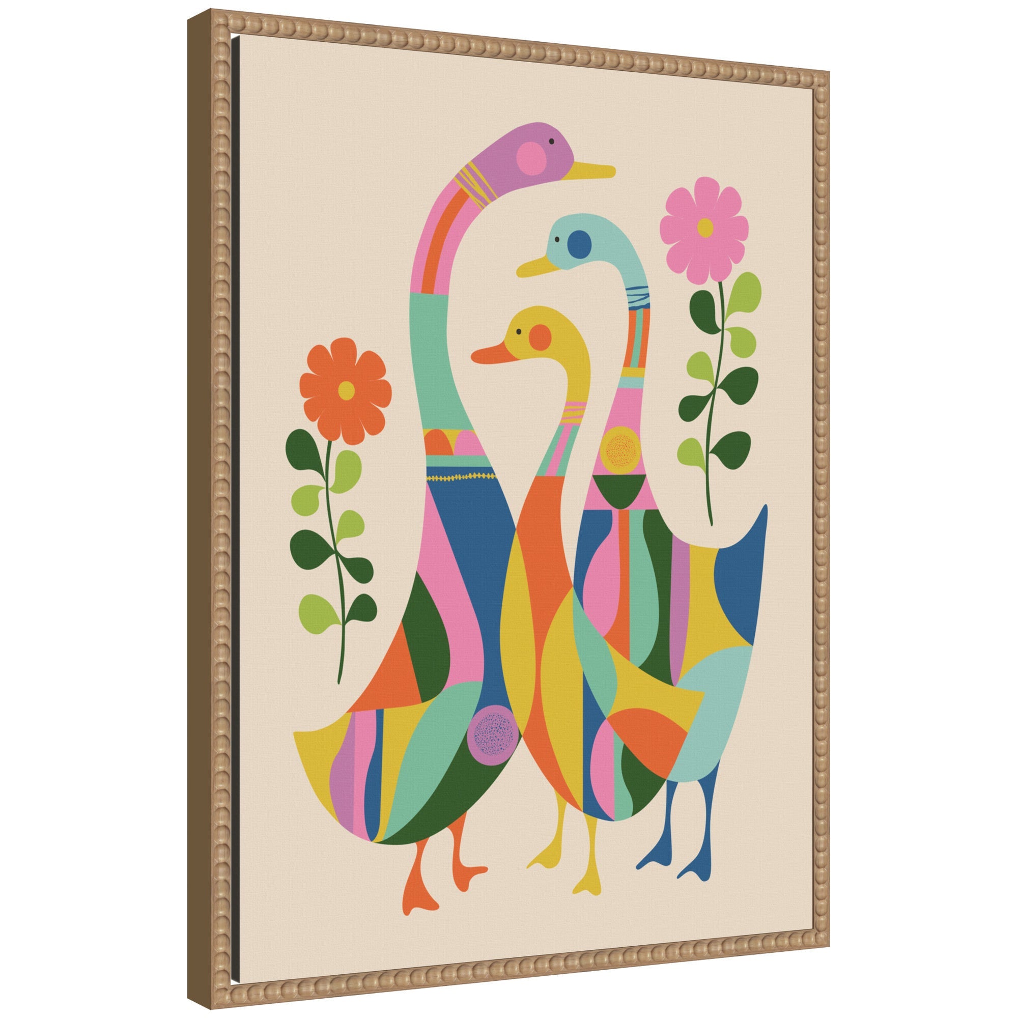 Sylvie Ducks and Wildflowers framed canvas art showing abstract ducks and wildflowers in a vintage beaded frame.