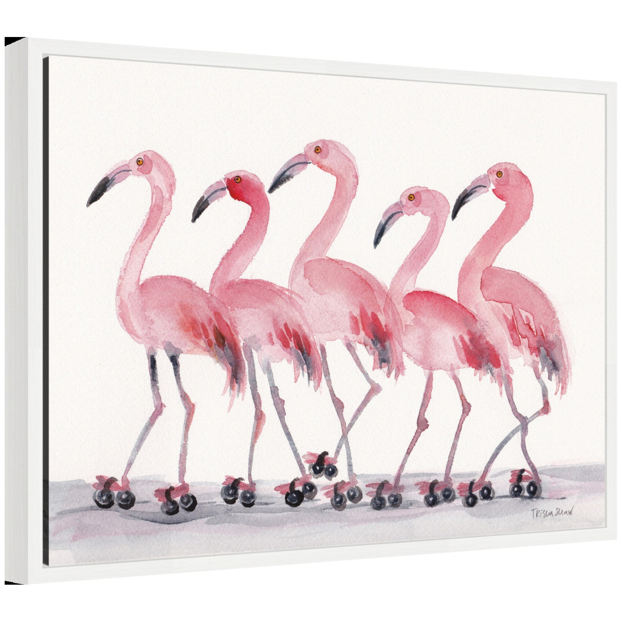 Framed canvas art showing roller skating flamingos in a playful pose