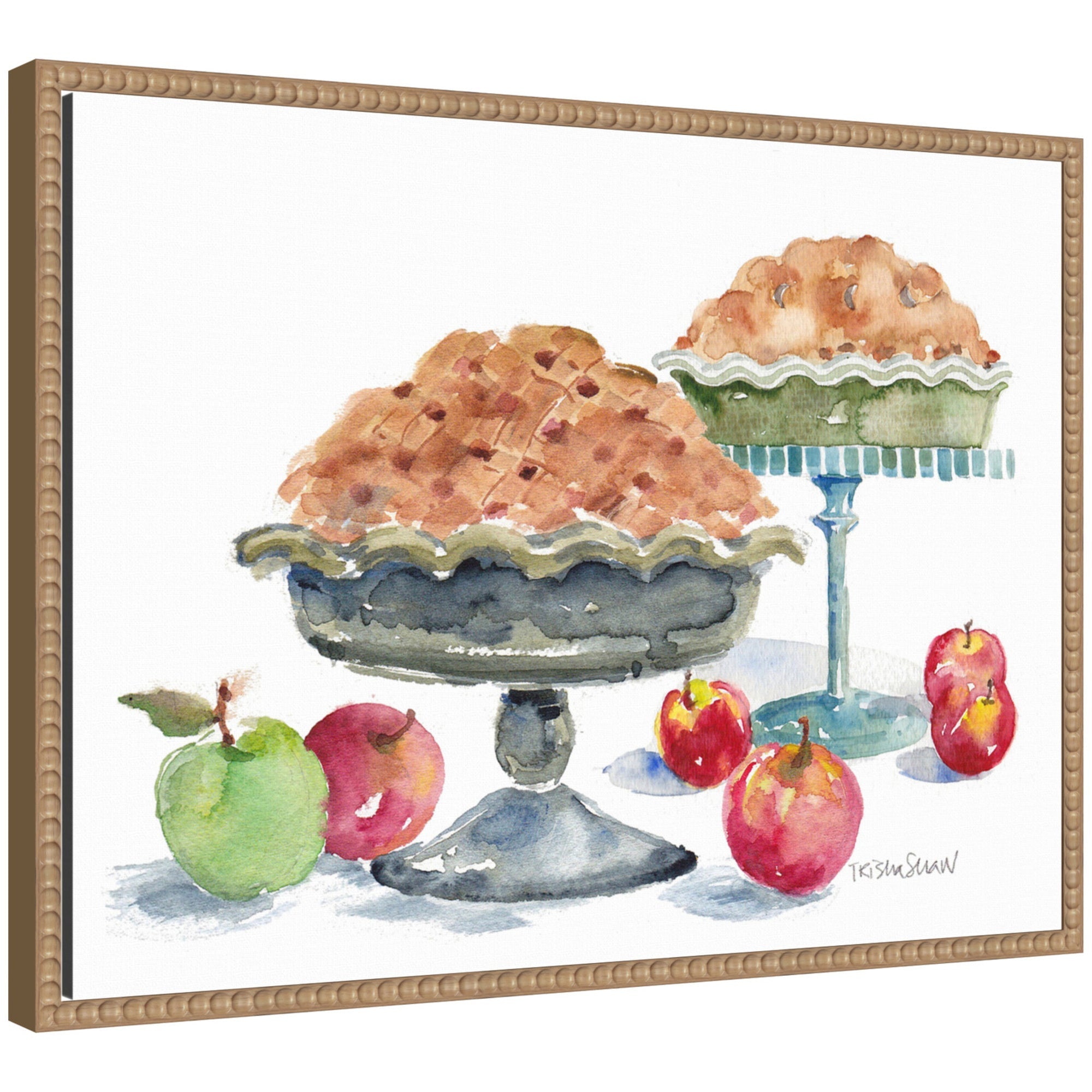 Sylvie 2 Apple Pies With Fruit framed canvas art featuring two apple pies with fruit beside them, displayed in a vintage beaded polystyrene frame