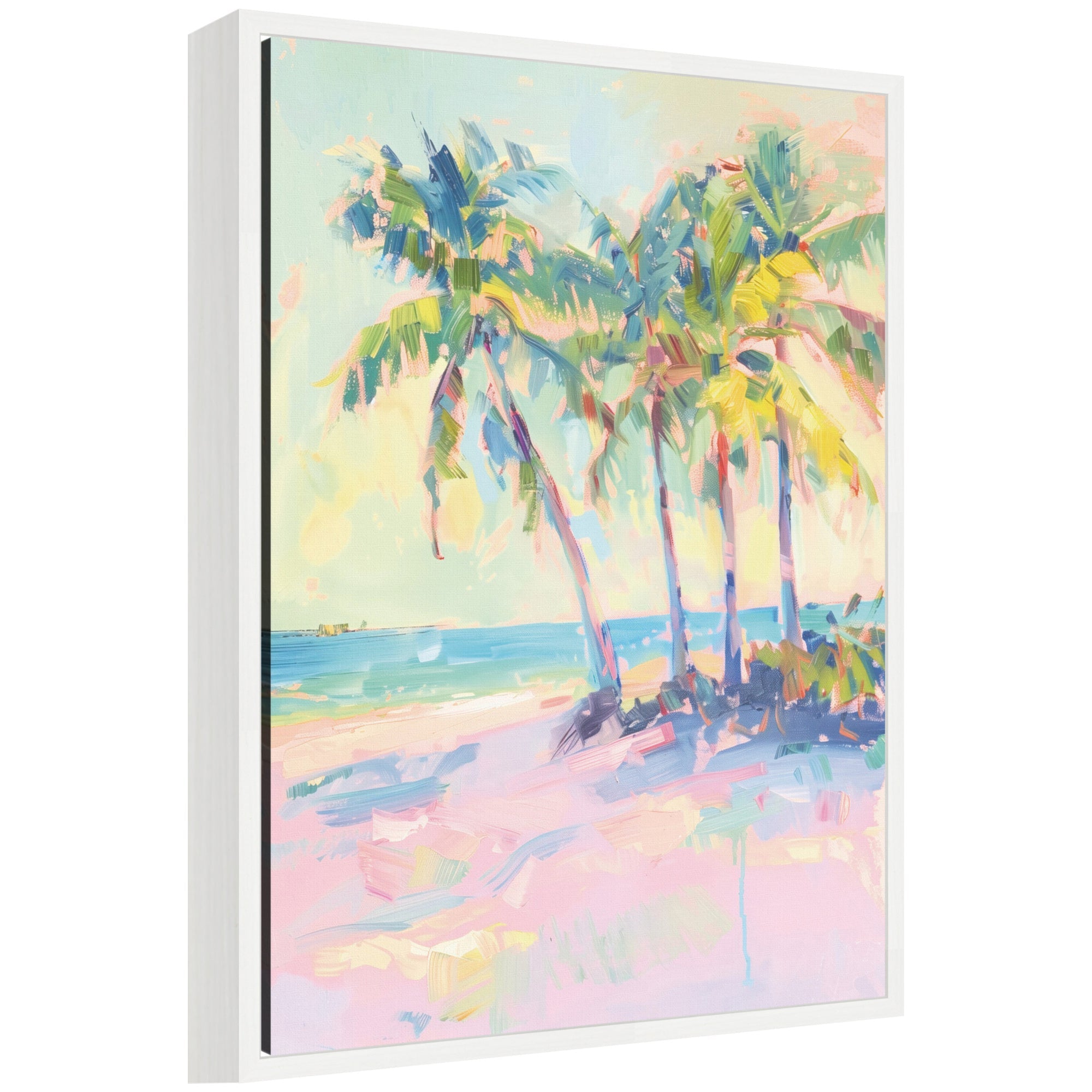 Framed canvas art print of a tropical beach scene with palm trees depicted in pastel oil painting style, in Sylvie White frame