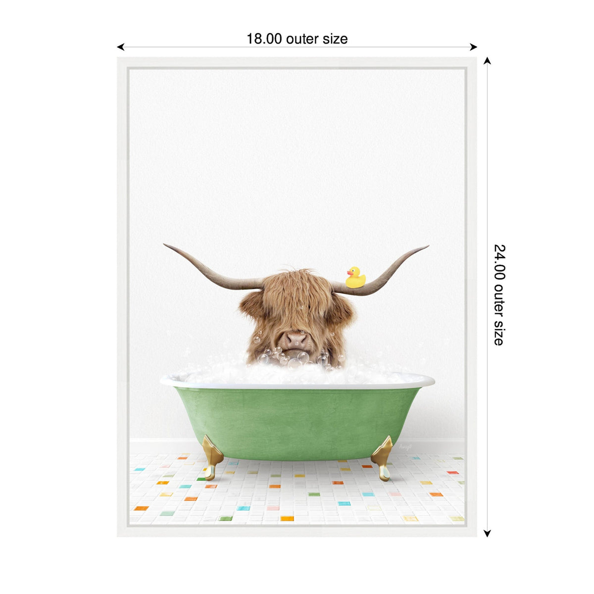 Sylvie Highland Cow in Green Bathtub on Colored Tile Framed Canvas by Amy Peterson