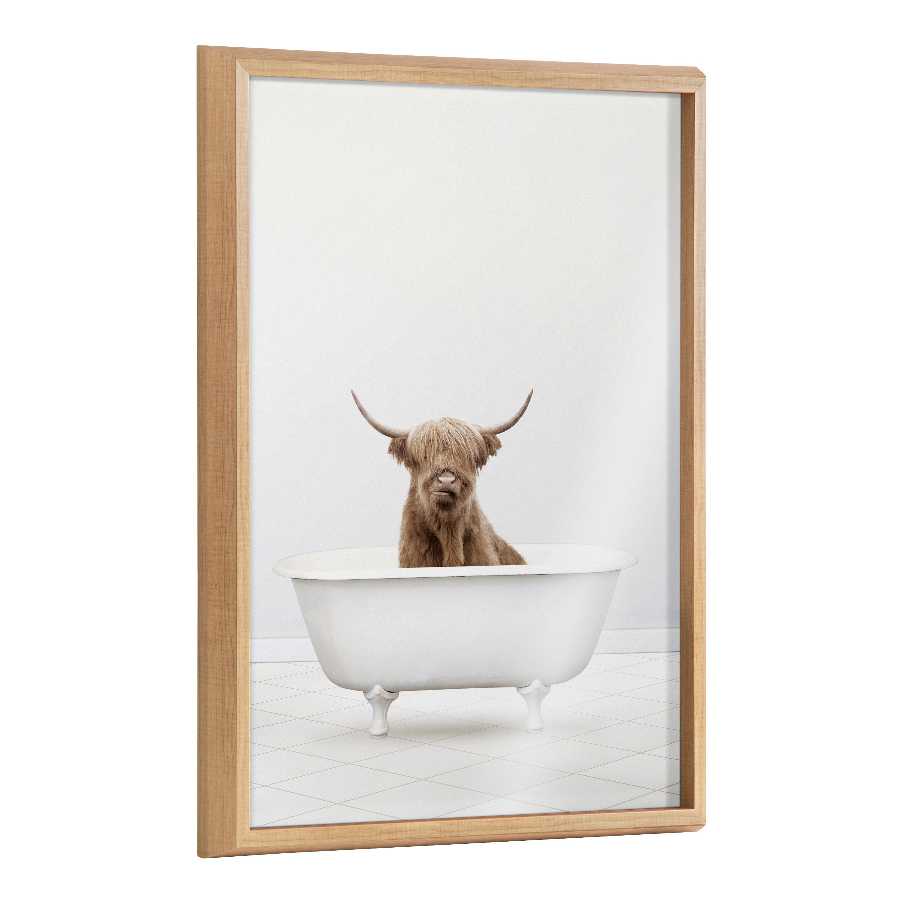 Framed printed glass art showing baby Highland cow sitting in a bathtub, by Amy Peterson Art Studio