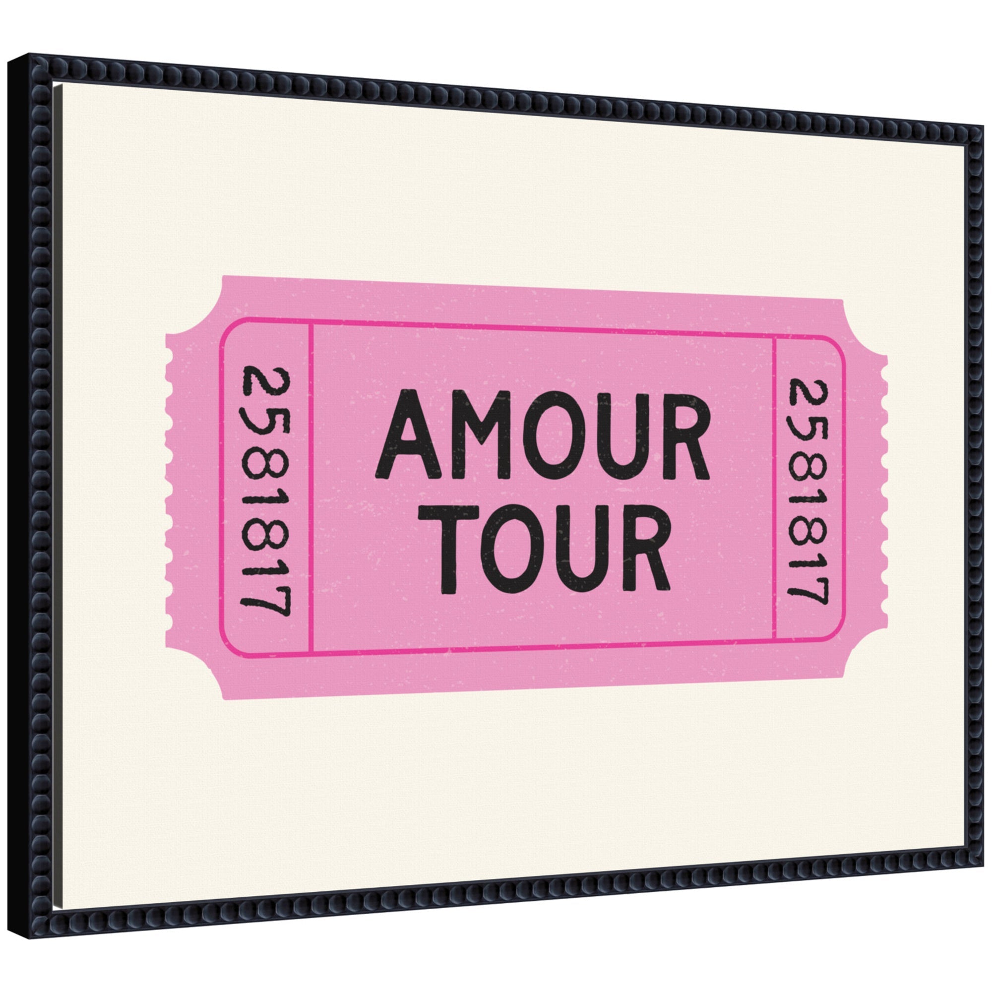 Pink Poster Retro Ticket Print by Lucky Guava in black Sylvie Beaded frame hanging on a white wall.