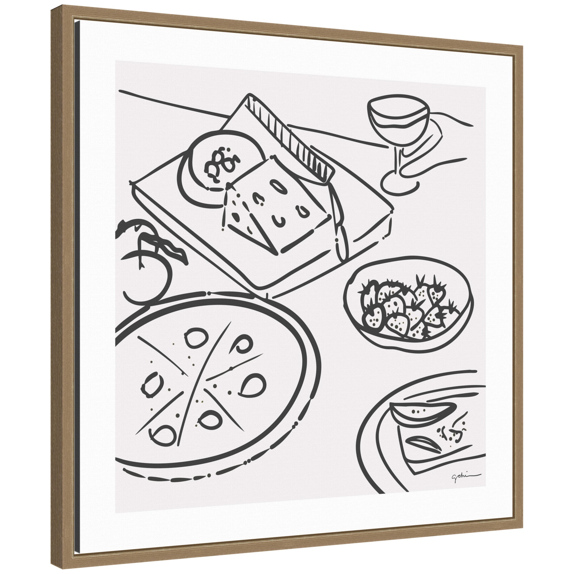 Dinner Club framed canvas wall art print by Gabrielly Guedes with a modern dining scene in Walnut Brown frame